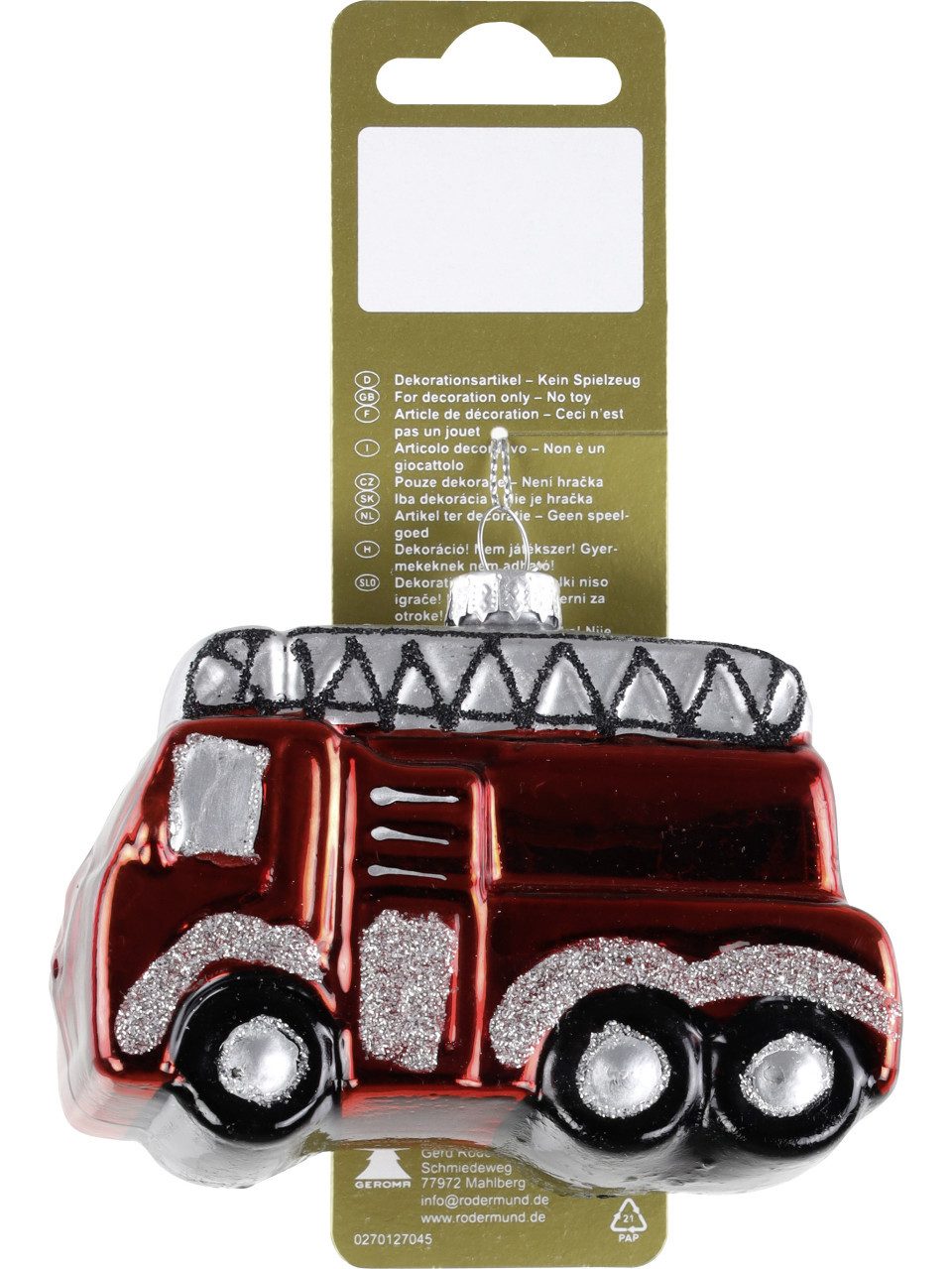 Rodermund Christbaumschmuck Weihnachtsanhänger Feuerwehr LKW aus Glas 10 x 8,5