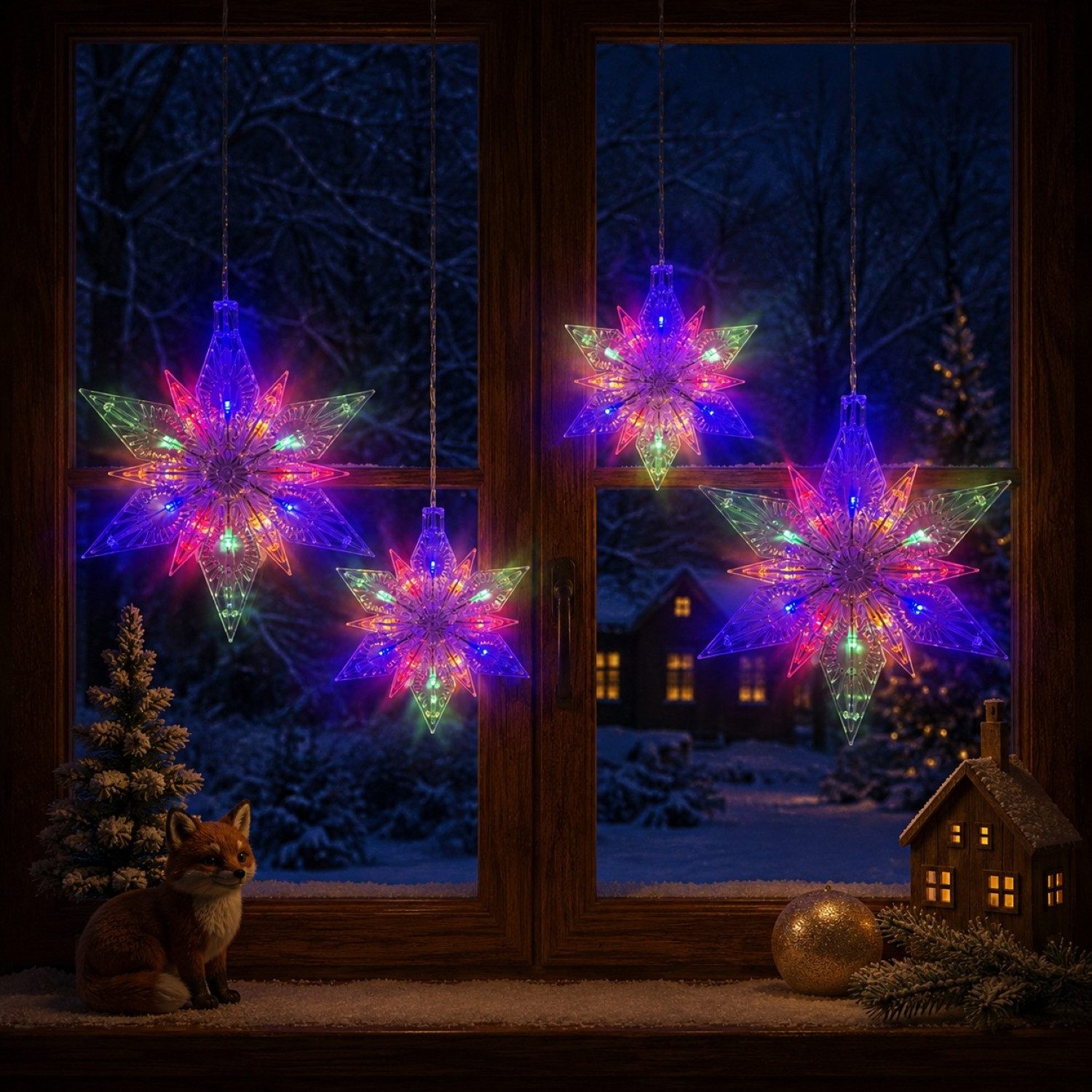 Online-Fuchs Fensterdekoration 4 Sterne aus Acrylglas mit LED-Beleuchtung & Timer - Weihnachtsdeko, einfache Anbringung durch Saugnapf - Warmweiß oder Bunt