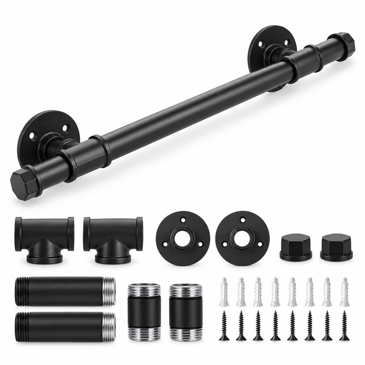 LEMLIT Handlauf Rutschfester Treppengeländer Innen und Außen Geländer Wandhandlauf, 50 cm Gesamtlänge, (1er Set, 27 St., 27tlg), Wandgeländer Treppe, 50 cm, Ø 2,5 cm, Metall, Schwarz, Montageset