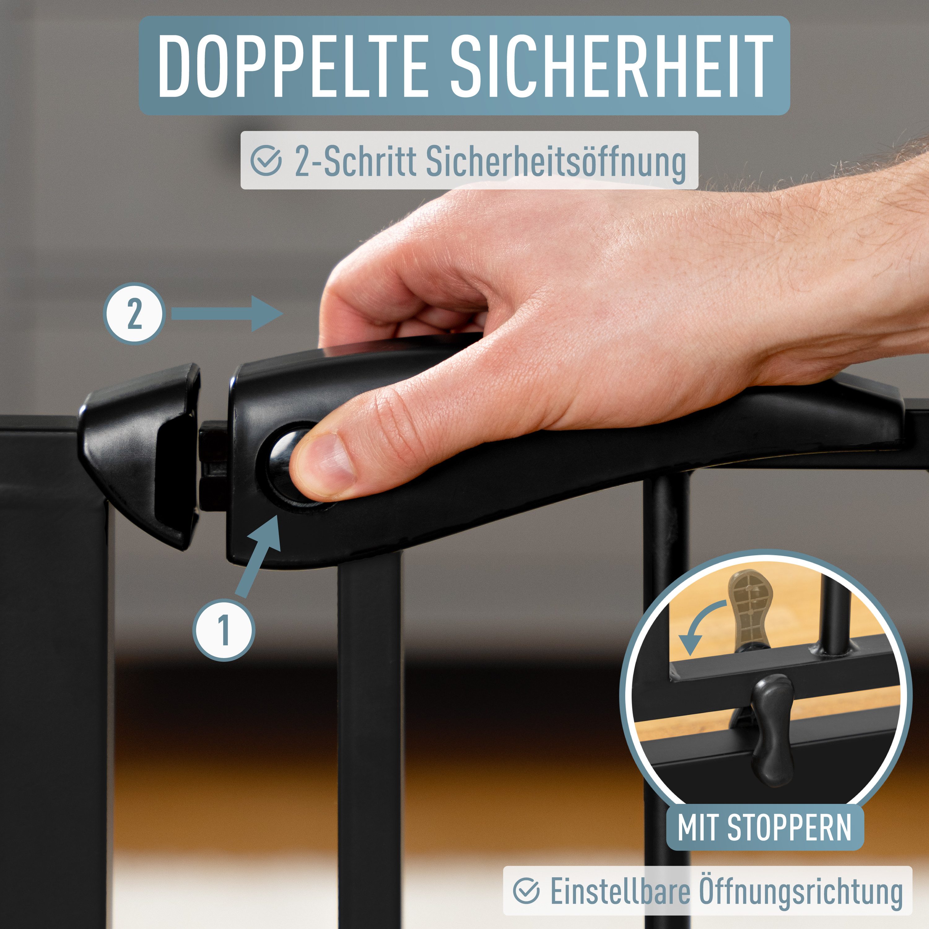 ib style Türschutzgitter Berrin Treppengitter ohne Bohren 67-75cm schwarz, Getestet in Deutschland, 2-fach Sicherung, Babygitter bis 24 Monaten – Bild 4 von 5