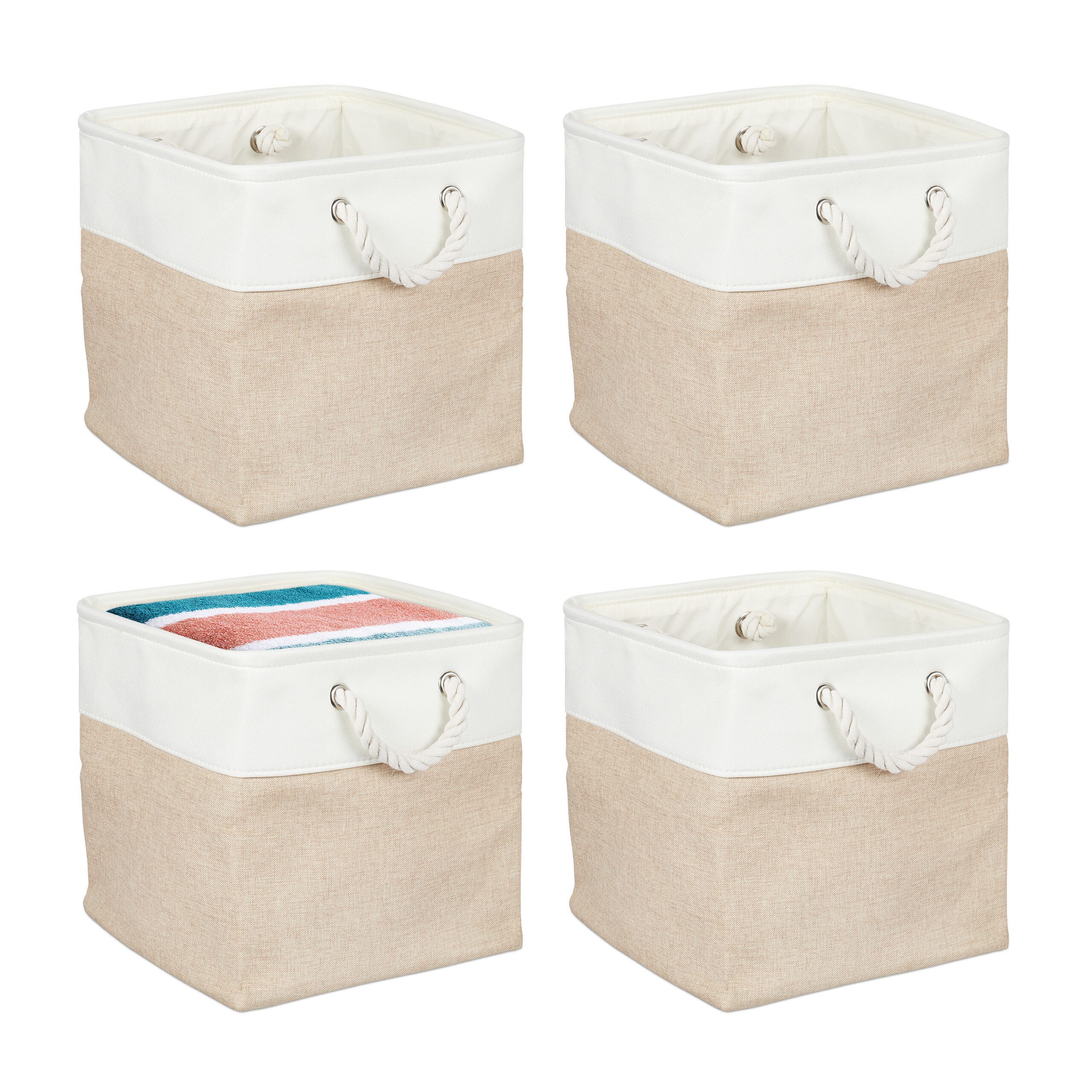 relaxdays Regalkorb Aufbewahrungskorb Leinen im 4er Set (4 St), Beige, 30 x 30 x 30 cm