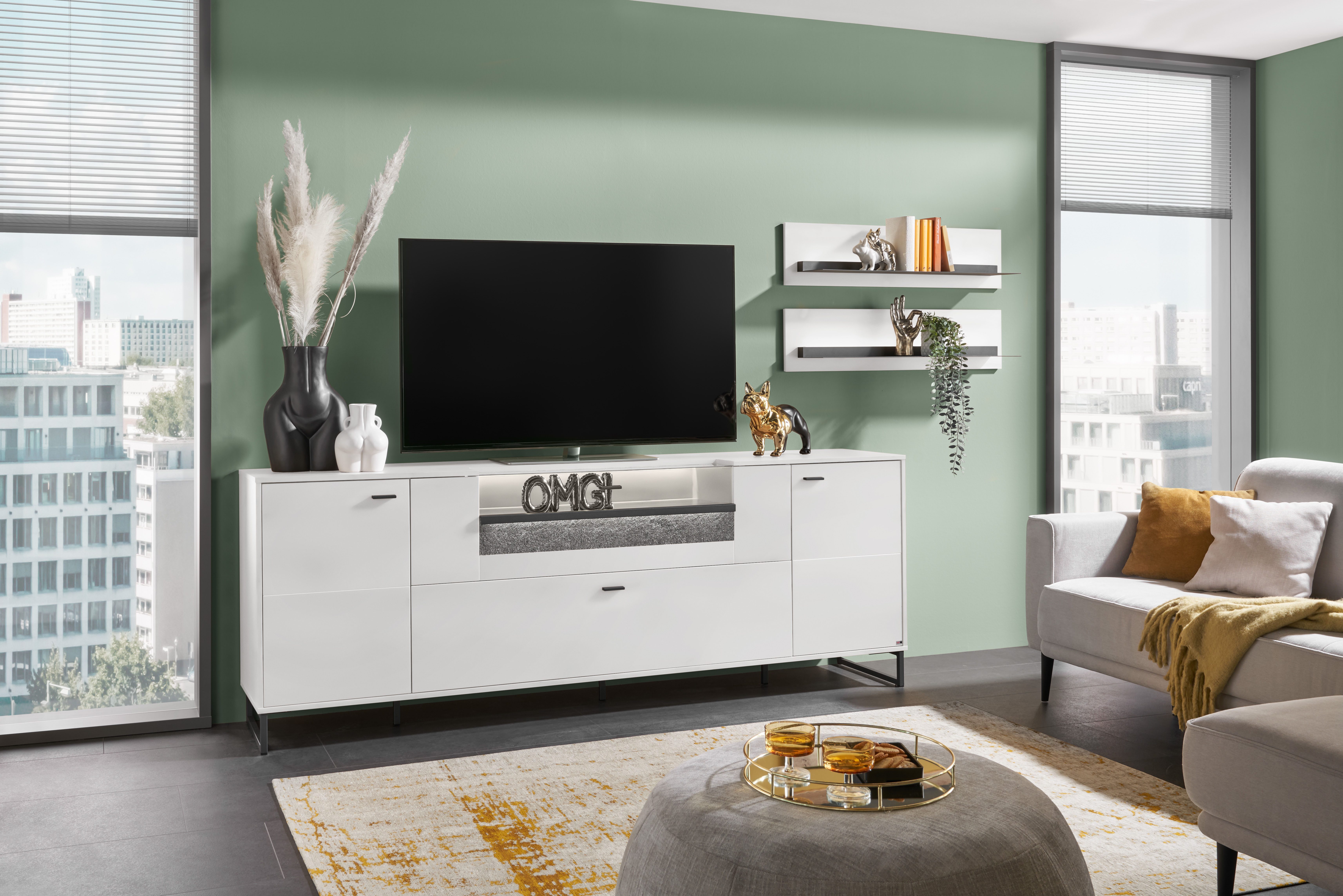 set one by Musterring TV-Schrank Deltona inkl. LED-Beleuchtung, Metallkufe, Sandstein-Zierelement, B229 x H83cm