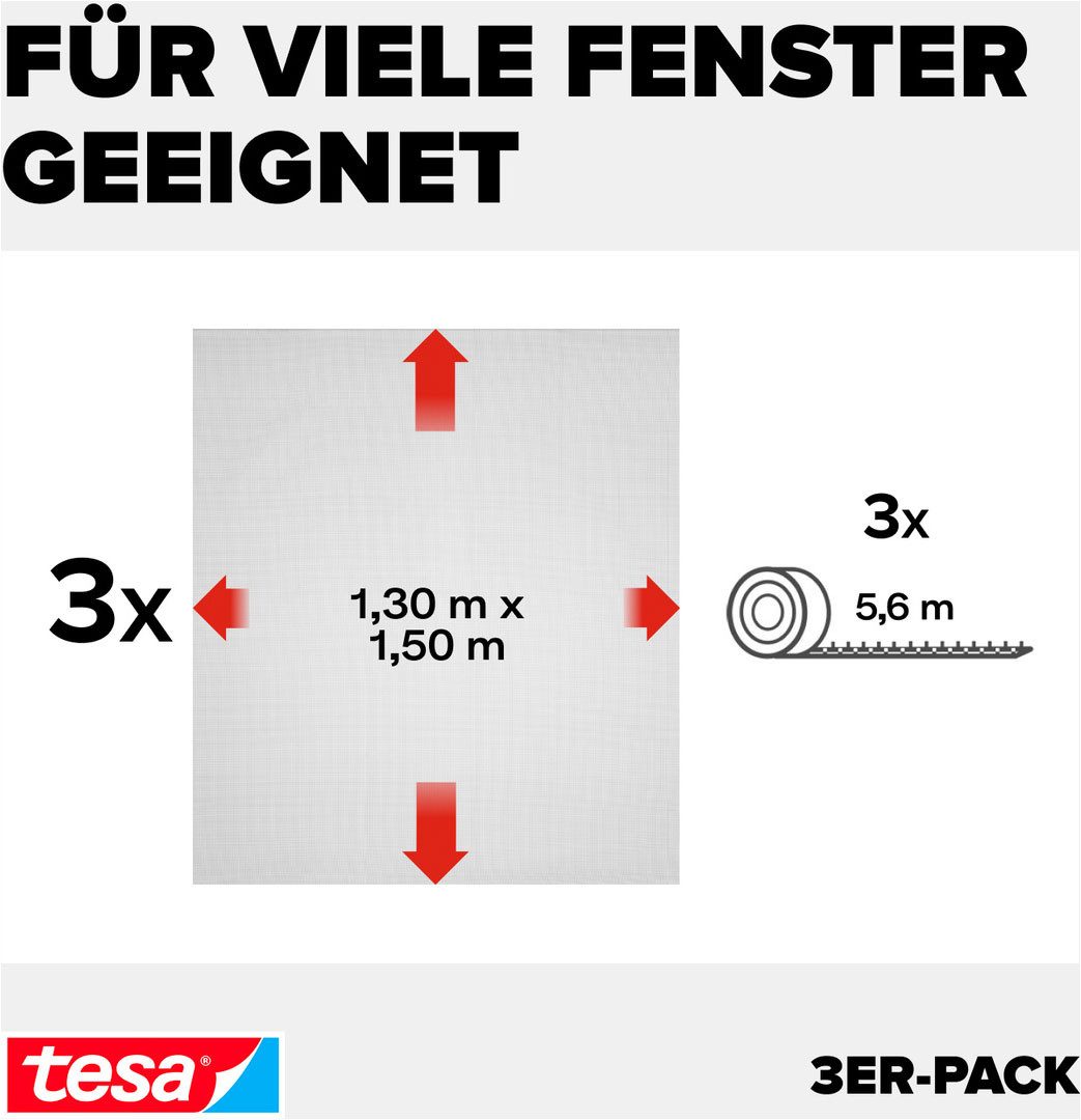 tesa Fliegengitter-Gewebe Klett Fliegengitter für Fenster - Insektenschutz - 130x150 cm, (Packung, 3-St., Fliegennetz, Klettband), mit Klettband, zuschneidbar - – Bild 4 von 5