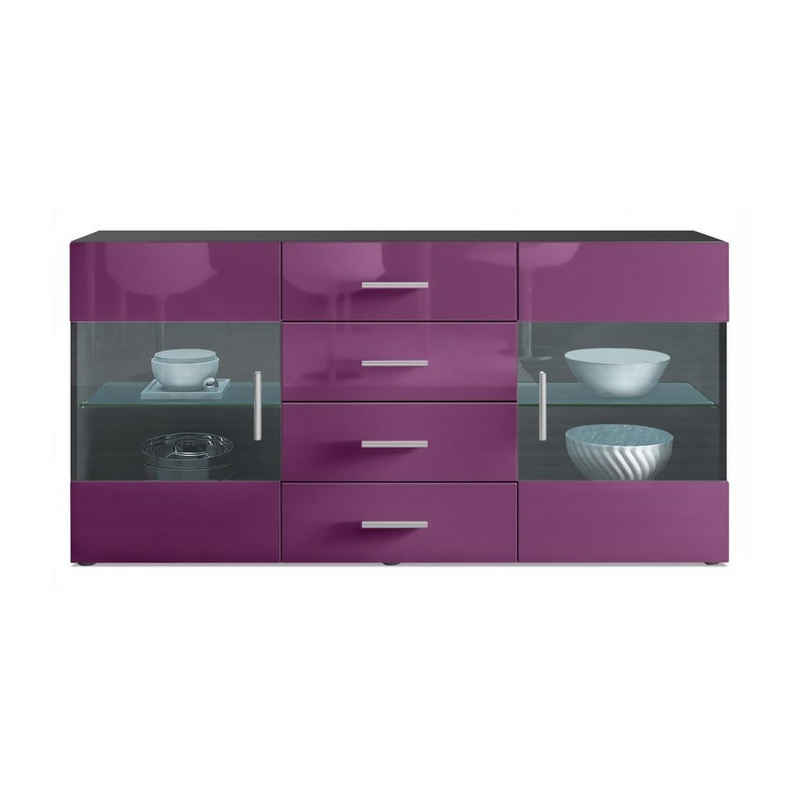 Vladon Sideboard Bari (Kommode mit 2 Türen, 4 Schubladen und 2 flexible Glaseinlegeböden), Schwarz matt/Brombeer Hochglanz (139 x 72 x 35)