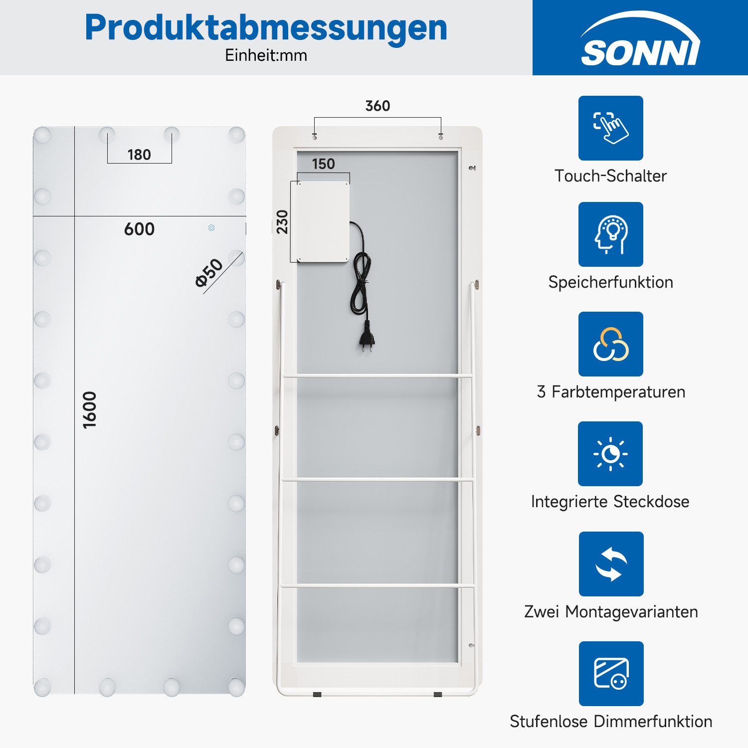 SONNI Wandspiegel Ganzkörperspiegel mit LED Beleuchtung,BxH:600x1600mm, in 3 Farben – Bild 2 von 5