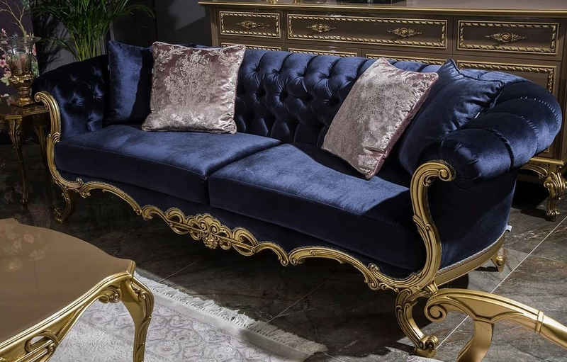 Casa Padrino Sofa Luxus Barock Samt Sofa Royalblau / Gold 240 x 82 x H. 83 cm - Prunkvolles Wohnzimmer Sofa mit dekorativen Kissen - Wohnzimmer Möbel im Barockstil