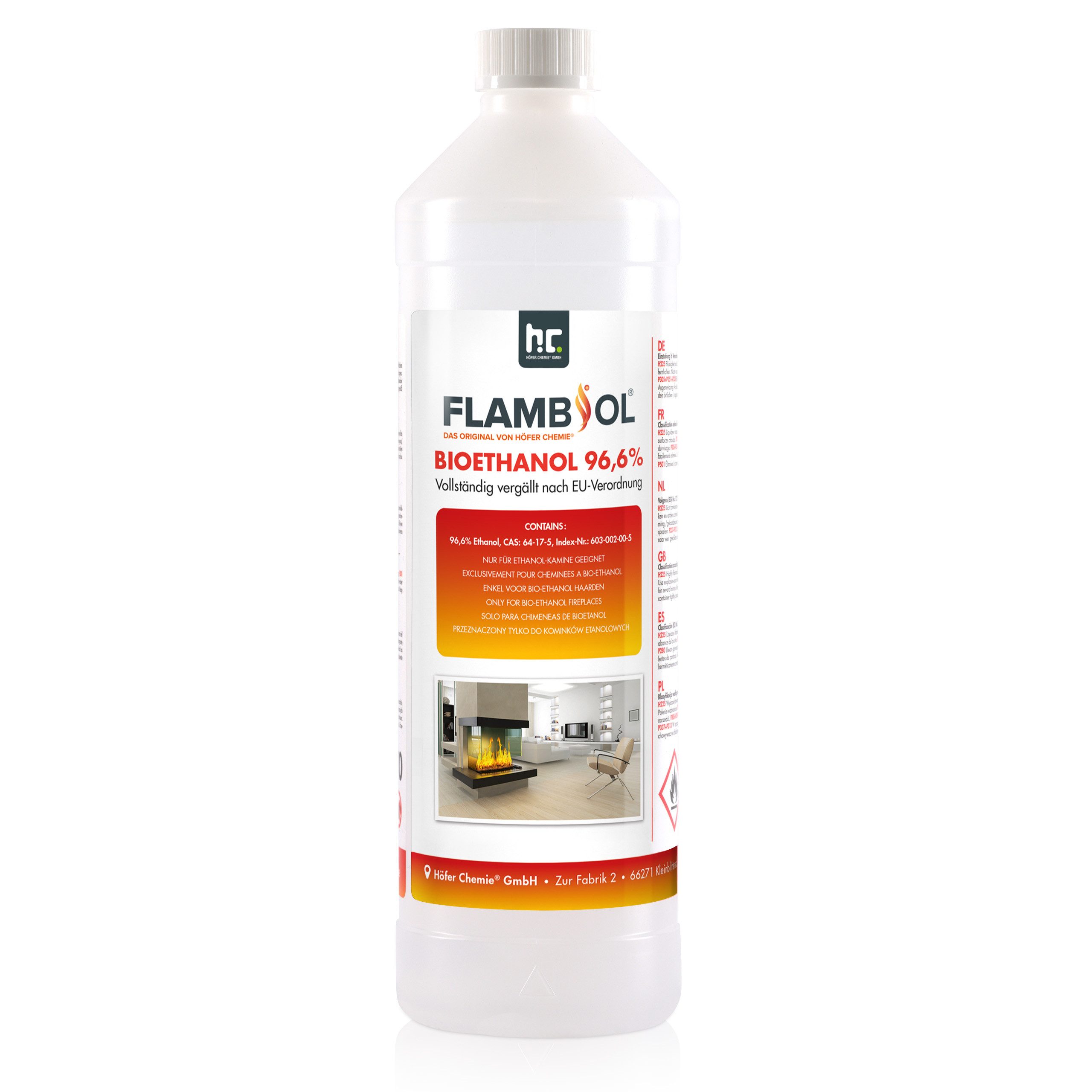 Höfer Chemie GmbH Bioethanol 1 L FLAMBIOL® Bioethanol 96,6% Premium für Tischkamin, 1 l, (1-St), Saubere Verbrennung, geruchs- und rußfrei