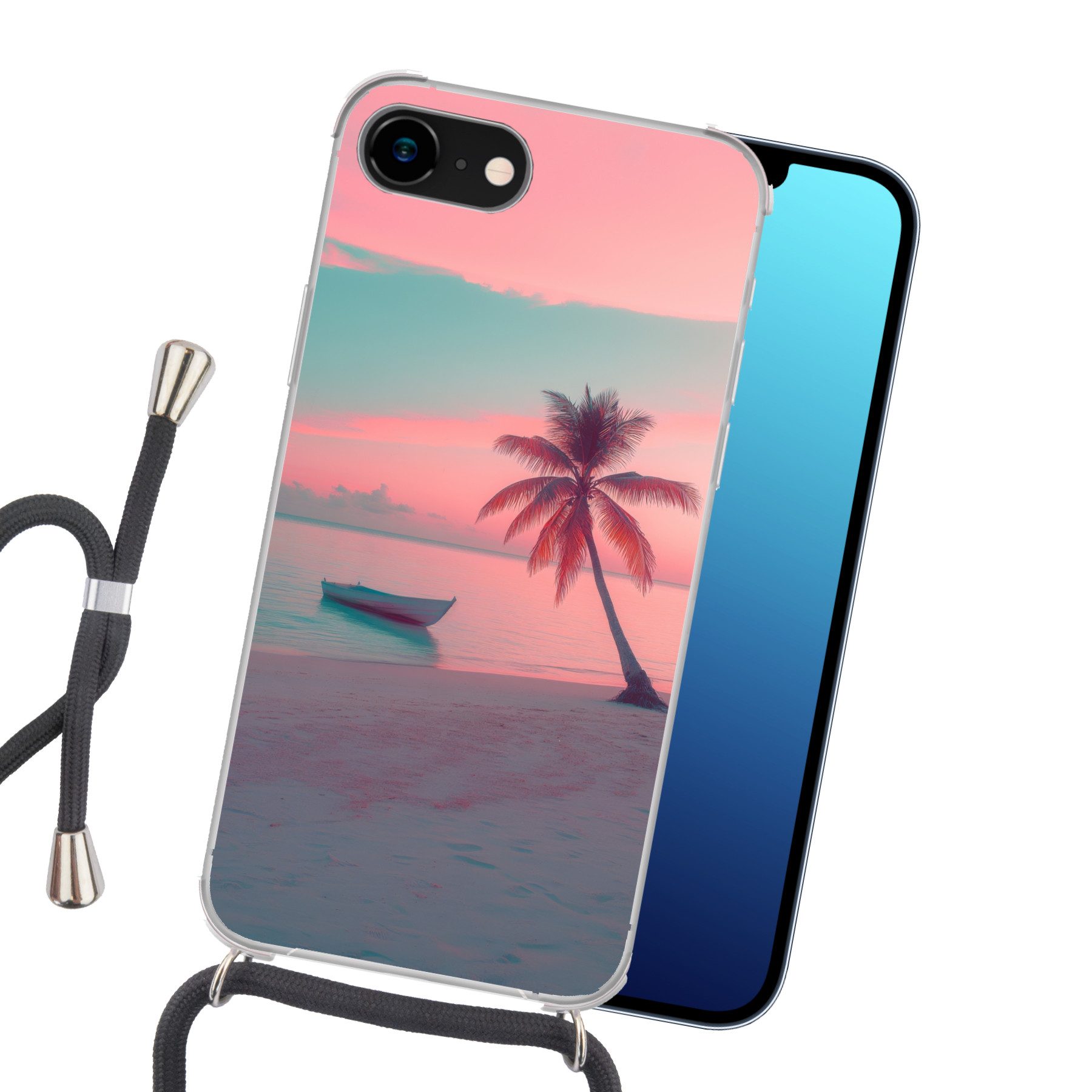 MuchoWow Handyhülle für Apple iPhone 8 Meer - Boot - Sonnenuntergang, Tragbare Handyhüllen mit Kette zum umhängen, Handykette Handyband