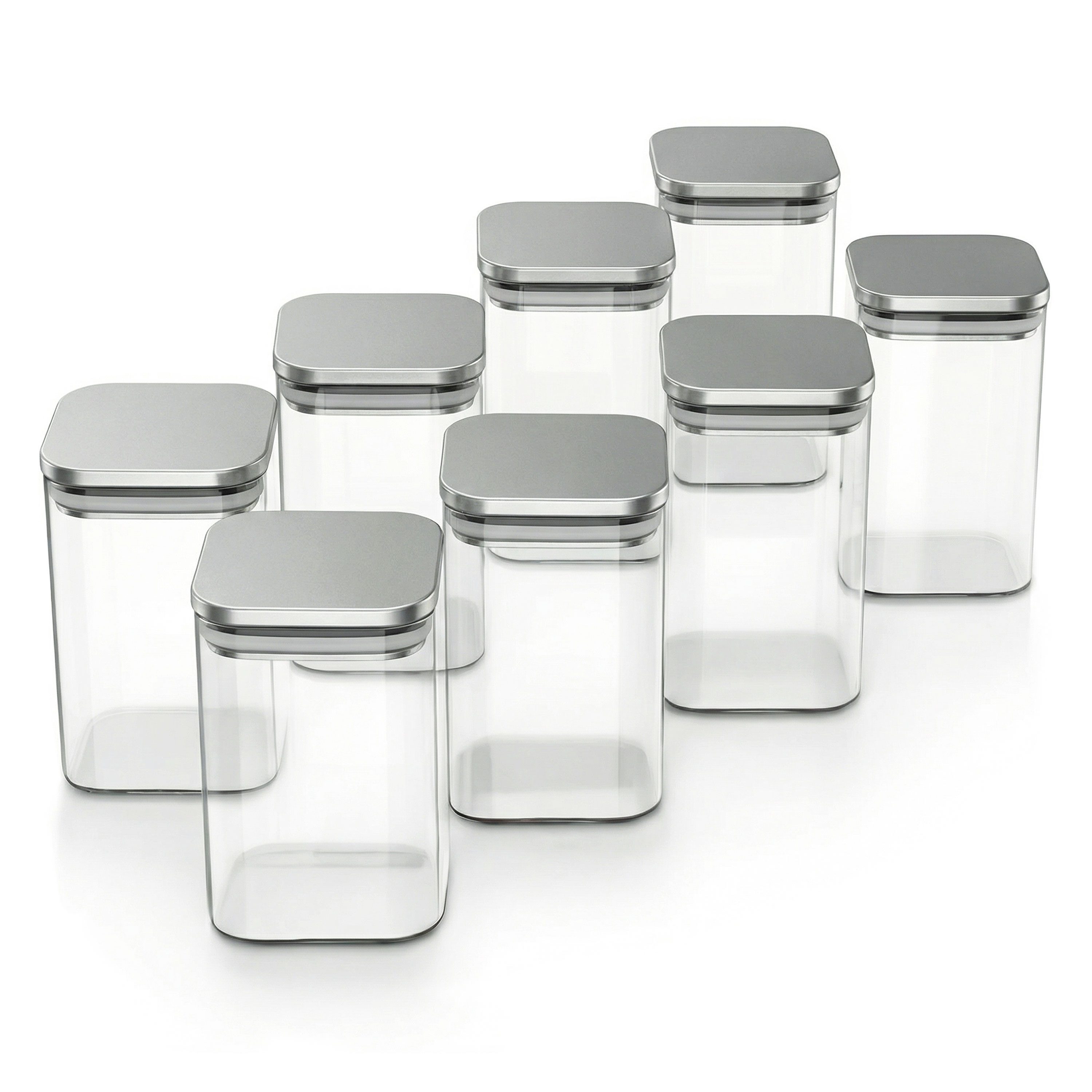 Arendo Aufbewahrungsbecher Glasbehälter-Set 8x 1,65 L Borosilikatglas mit Edelstahldeckel, Borosilikatglas; Edelstahl; Silikon, (Vorratsbehälter-Set, 8-tlg., 8er Set), Vorratsdosen, luftdicht, Hitzebeständig, mikrowellengeeignet