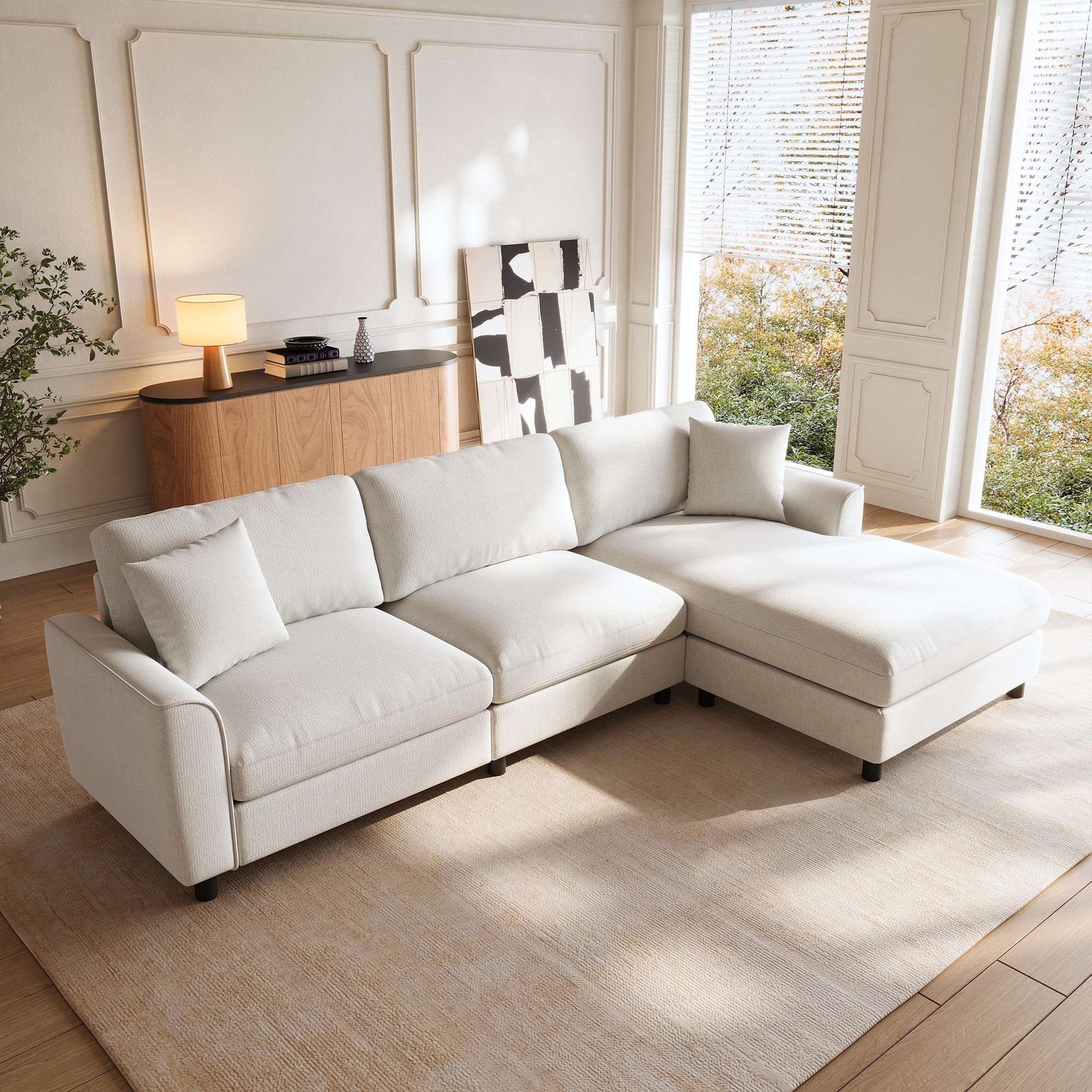 i@home Ecksofa 3-Sitzer Ecksofa, mit 90 cm breite Liegefläche, Beige, 256 cm Breit, wechselbarer Chaiselongue, Chenille, für Wohnzimmer, 256×137×79 cm