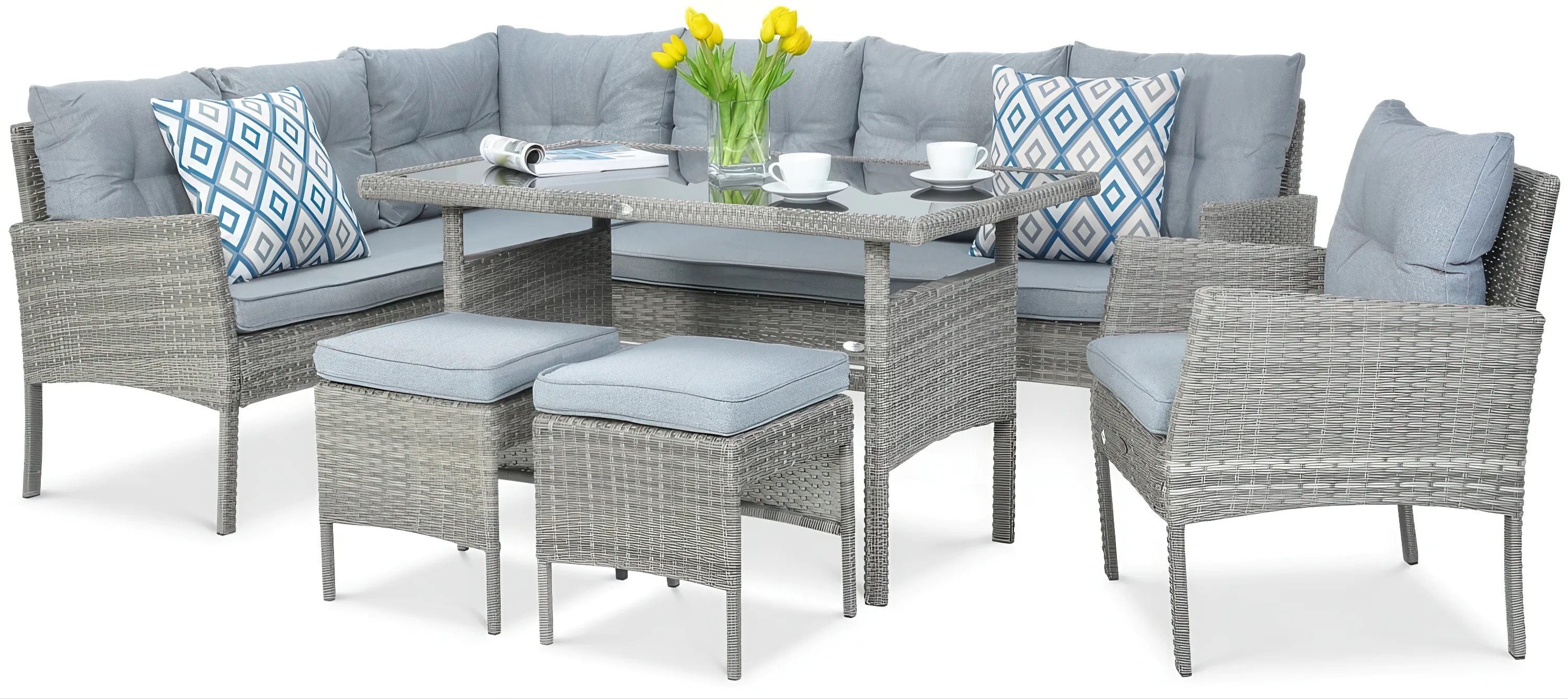 Focus Garden Gartenlounge-Set "CORTINA Sofa" Polyrattan Eckcouch mit Tisch + Hocker + Stuhl, (6-tlg), Witterungsbeständig, für bis zu 8 Personen, Kissen, Gartenmöbel-Set