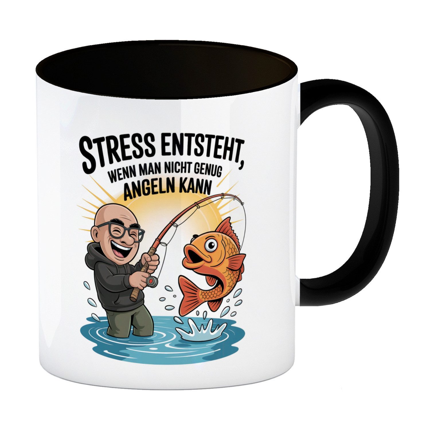 speecheese Tasse Fröhlicher Angler Spruch Kaffeebecher in schwarz für Angelfans