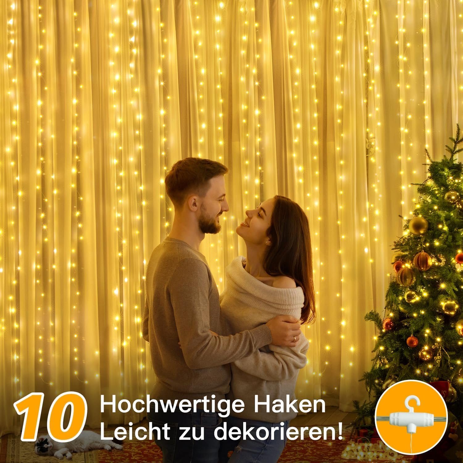 Sunicol LED-Lichtervorhang 300 Weihnachten Lichterketten, Dekoration, Party für LED Vorhang Nachtlicht Wand USB Warmweiß Wasserdicht, Fenster 3x3m Zimmer Innen Lichternetz