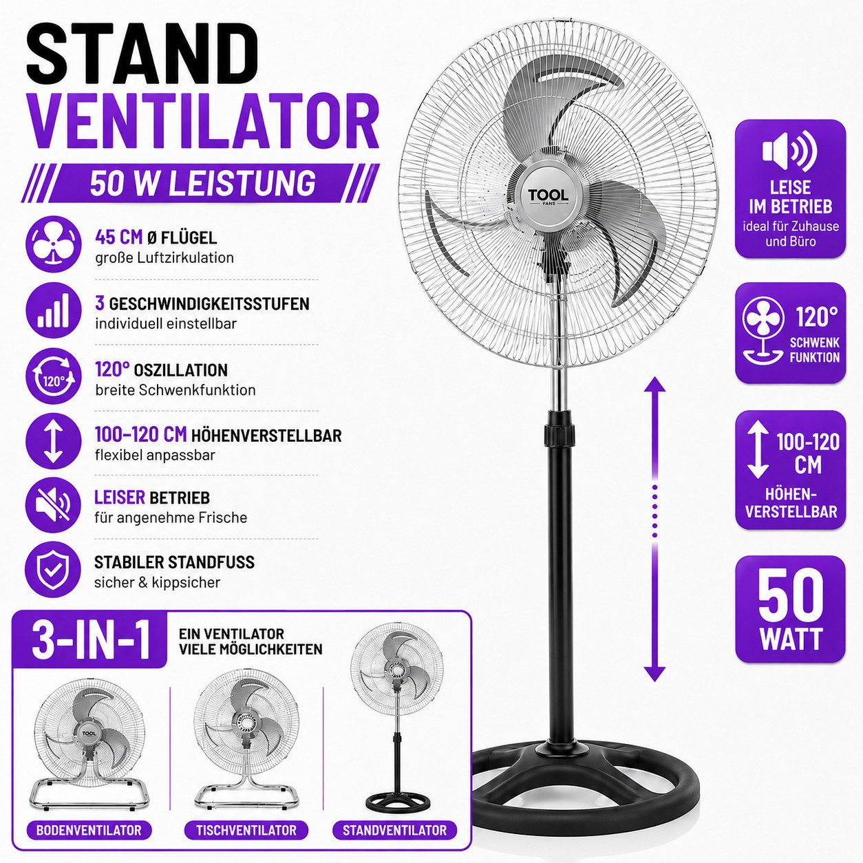 Ertex Standventilator Standventilator Luftkühler 50W Leise 45 cm Ventilator 3 in 1