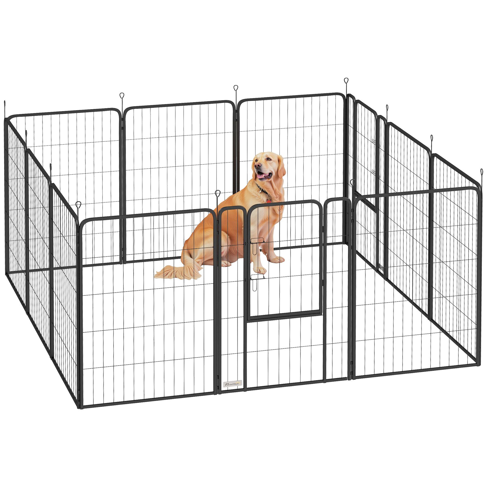 PawHut Freigehege 4-eckig, mit 12 Gitterplatten, Tür, flexibel, faltbar, 100cm hoch, drinnen, draußen, für Hund, Katze