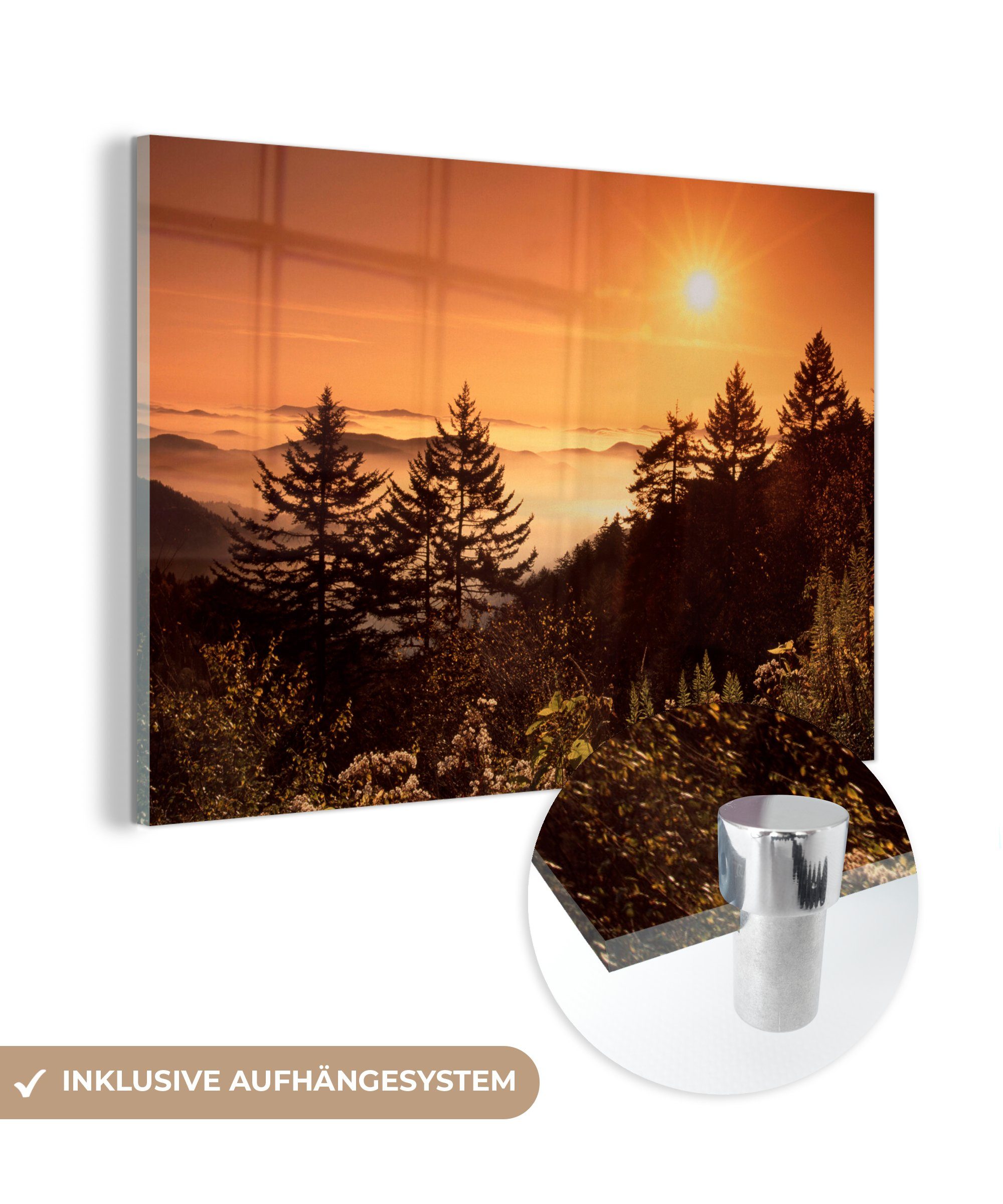 MuchoWow Acrylglasbild Berg - Bäume - Sonne - Horizont, (1 St), Acrylglasbilder Wohnzimmer & Schlafzimmer