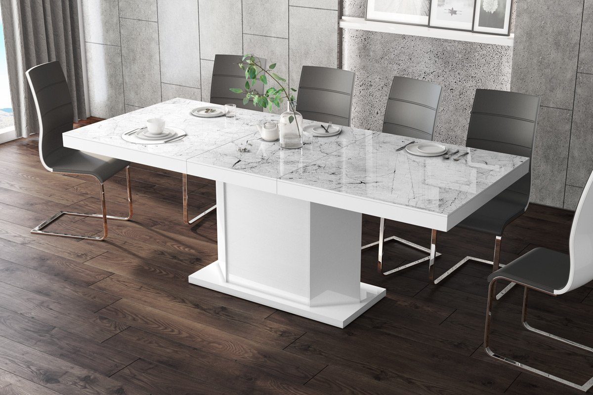 designimpex Esstisch Design Esstisch Tisch HE-333 Hochglanz Stauraum 160-256 cm ausziehbar Marmoroptik Hochglanz - Weiß Hochglanz