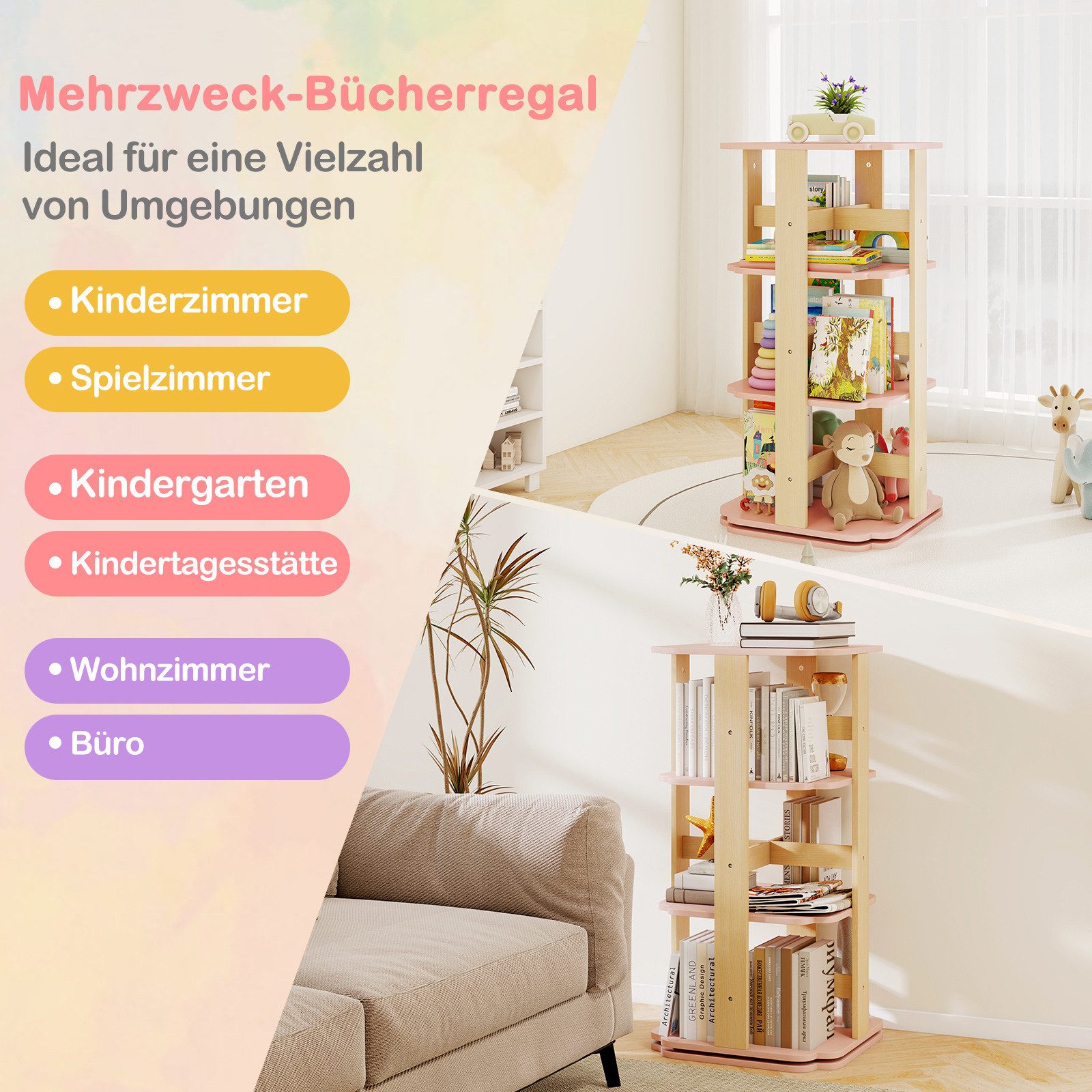 COSTWAY Bücherregal, Kinder, 3-stöckiges Kinderregal, drehbar Spielzeugregal