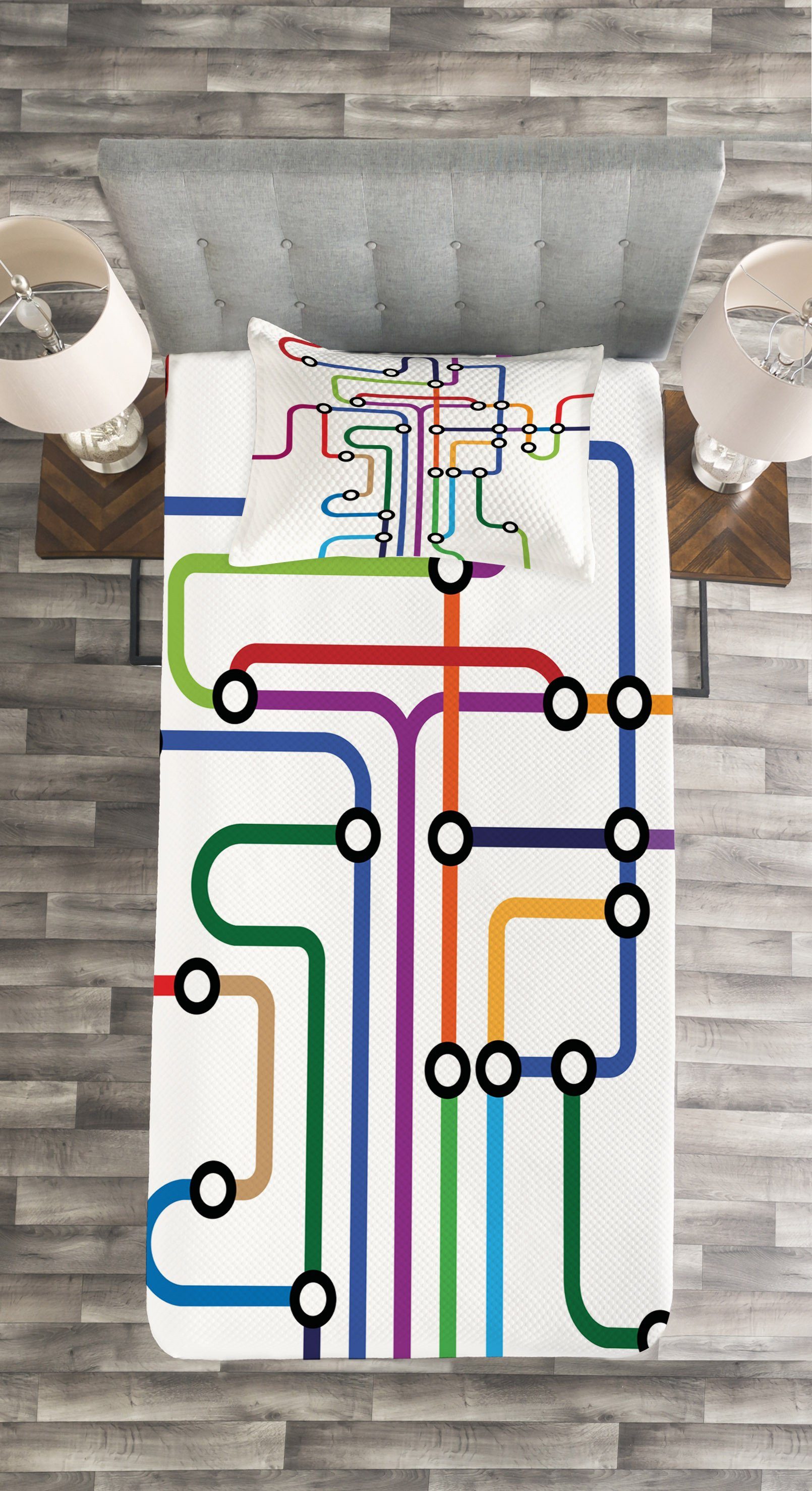 Tagesdecke Set mit Kissenbezügen Bunte Abstrakte Karte Abakuhaus, U-Bahn Waschbar