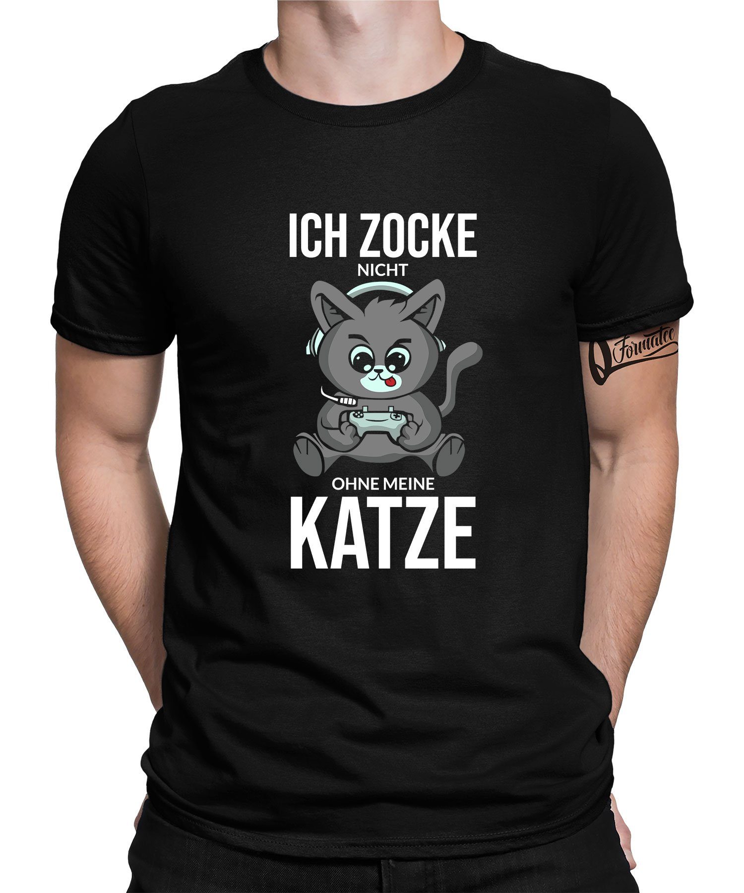 Gaming Zocken Nerd Formatee T-Shirt - (1-tlg) Quattro Herren Kurzarmshirt Katze Gamer