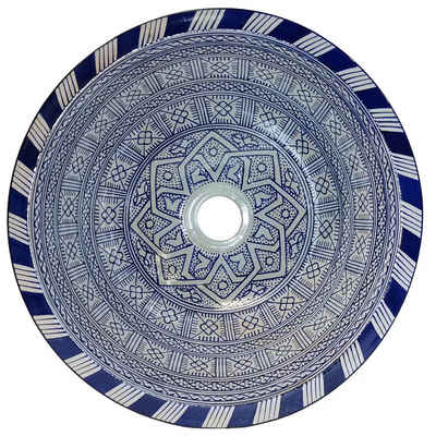 Casa Moro Aufsatzwaschbecken Marokkanisches Keramik Waschbecken Fes2 Blau weiß Innen Außen (Handwaschbecken rund Emaille Waschschüssel Waschschale), handgefertigt in Marrakesch WB35292