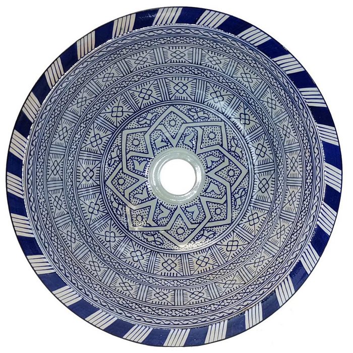 Casa Moro Aufsatzwaschbecken Marokkanisches Keramik Waschbecken Fes2 Blau weiß Innen Außen (Handwaschbecken rund Emaille Waschschüssel Waschschale) handgefertigt in Marrakesch WB35292