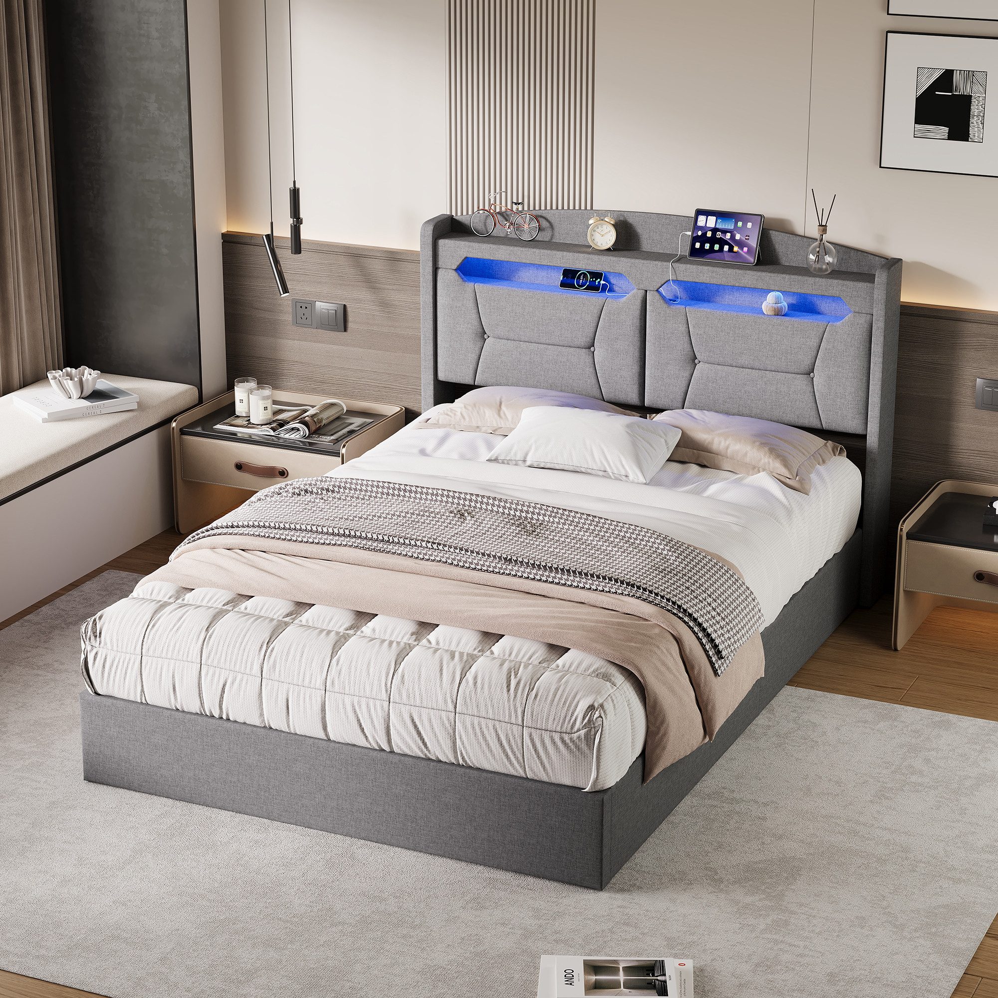 Gdood Polsterbett Doppelbett mit LED Licht 140x200cm,Hydraulisch anhebbarer Stauraumbett (1-tlg., Mit Lattenrost und Ladefunktion, Leinenmaterial Polsterbett), Modernes Jugendbett, Leises Design Bett, Max. Belastbarkeit 350 kg