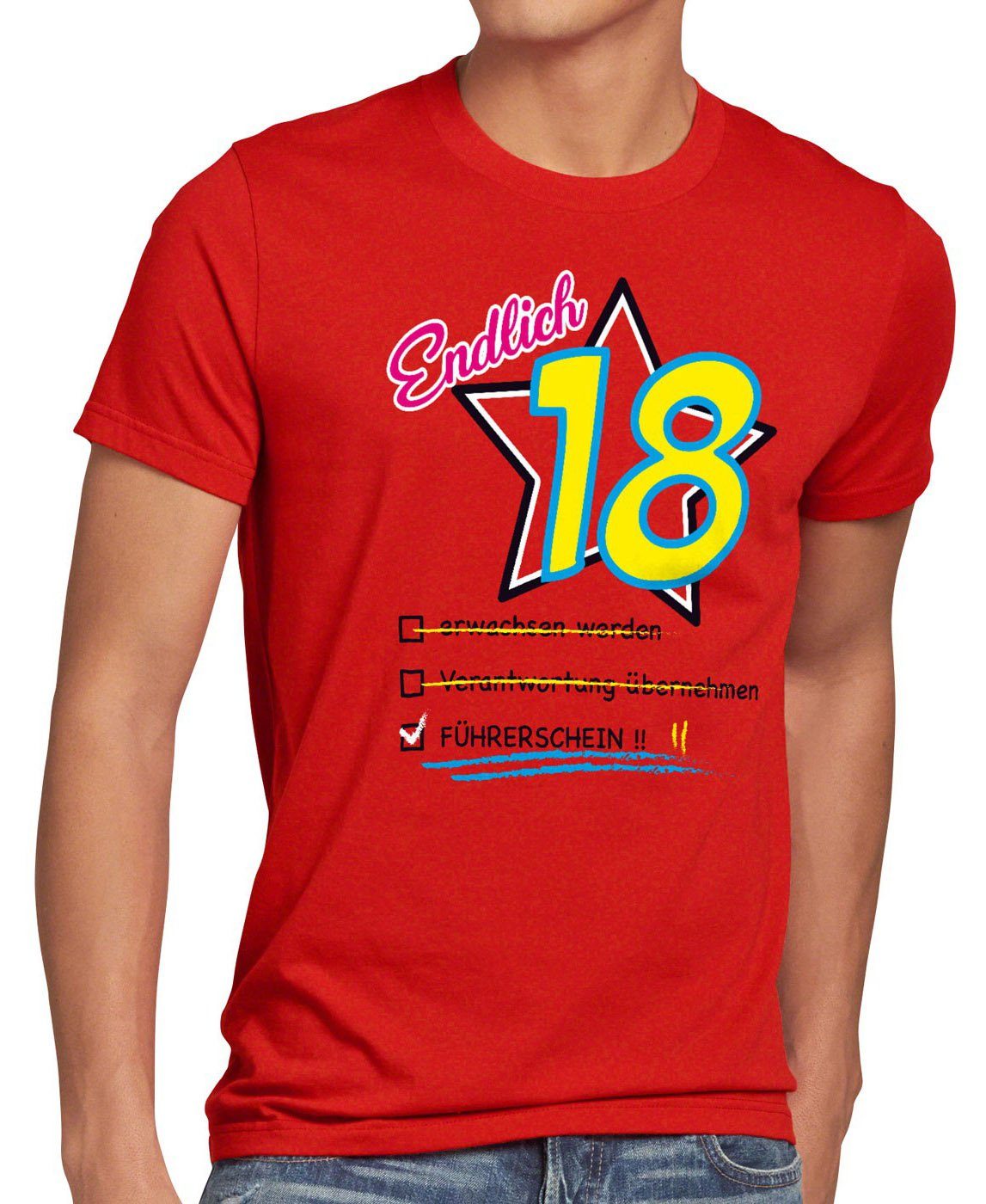 achtzehn Print-Shirt Geburtstag style3 Endlich T-Shirt Führerschein Party 18 rot volljährig Herren Fun