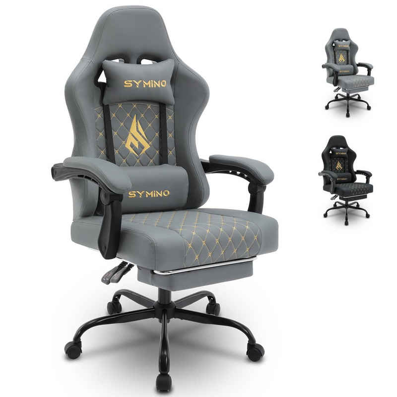 symino Gaming-Stuhl Racing Style, ergonomischer Stuhl mit Fußstütze, verstellbarer Rückenlehne und Armlehnen, Bürostuhl aus PU-Leder, Grau