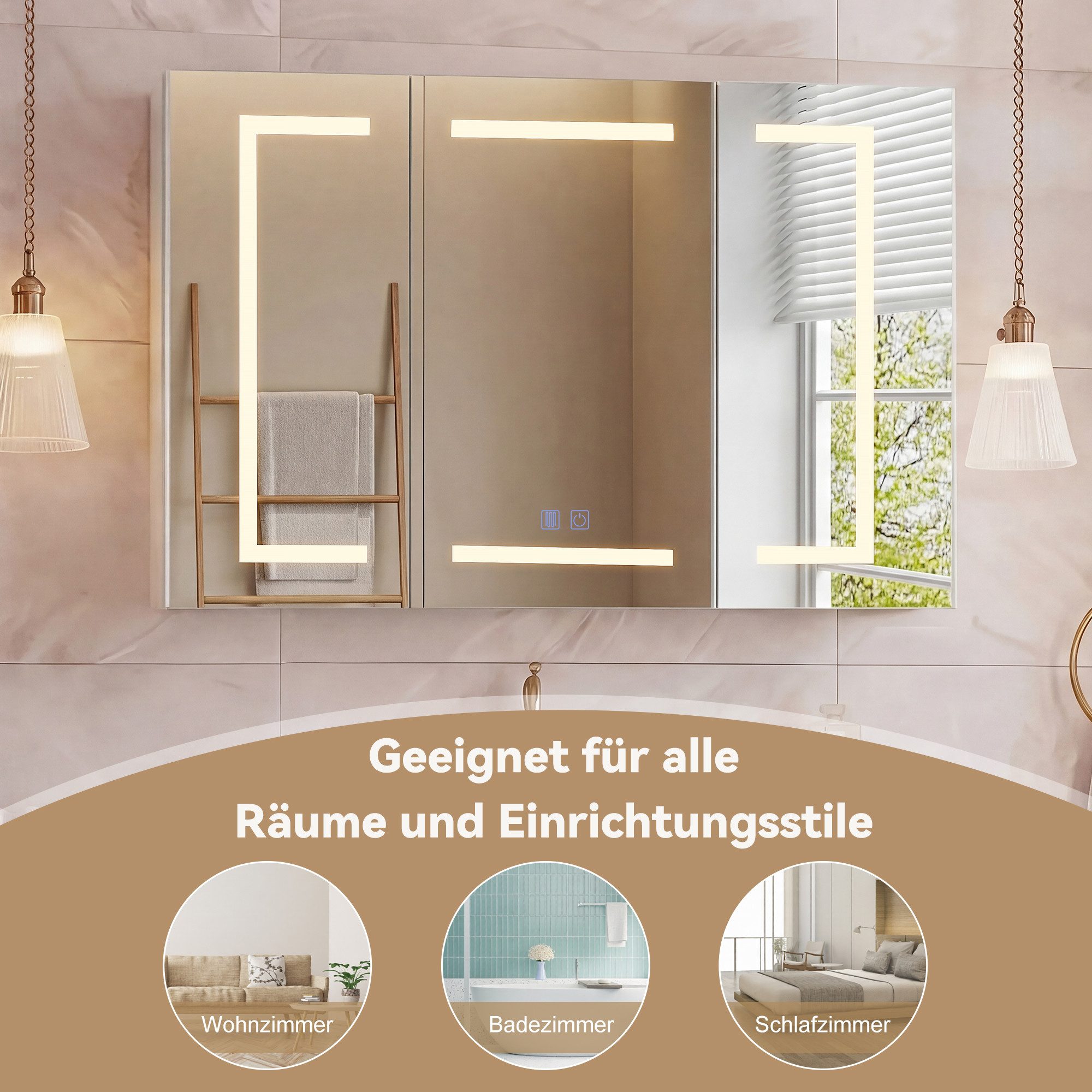 Simurq Badezimmerspiegelschrank Spiegelschrank Bad 100 cm Mit LED, Steckdose, Verstellbaren Regalen (Set) Spiegelschrank Bad Breite 100 cm, 3 Spiegeltüren, Anti – Bild 4 von 5