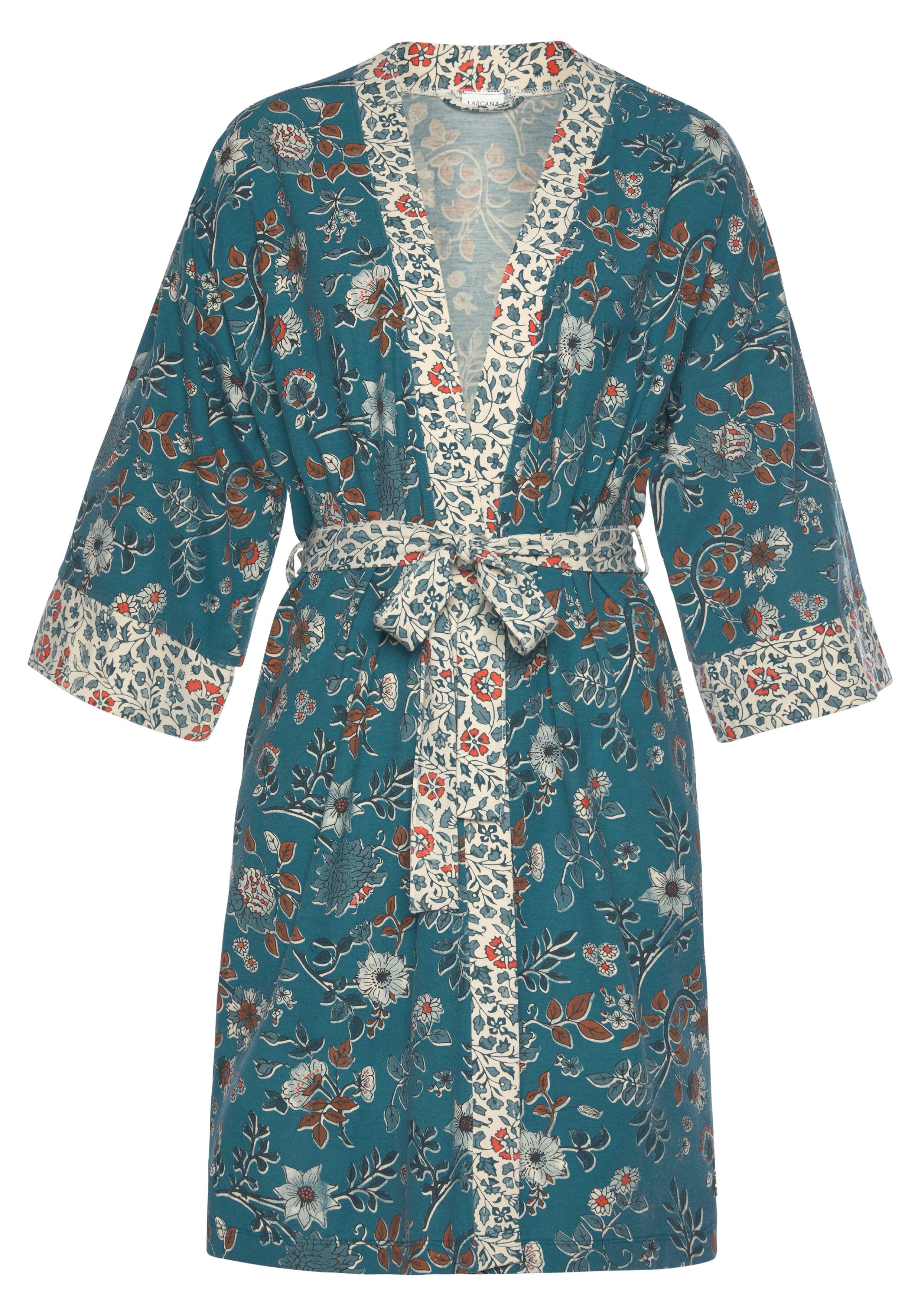 Blumen Jersey, LASCANA mit Kimono, Allover-Druck rauchblau-ecru Kimono-Kragen, Gürtel, Kurzform,