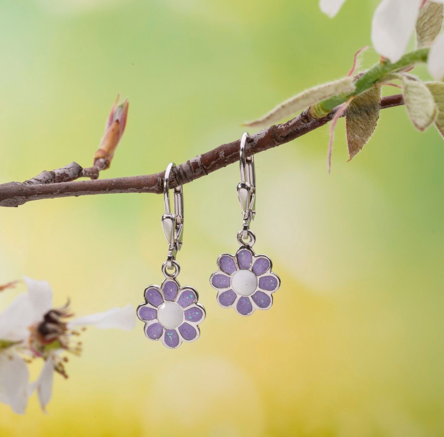 925 Emaille Paar Lila rhodiniert Sterling SO-400, Kinderohrringe Materia Silber, Glitzer Ohrhänger Blumen