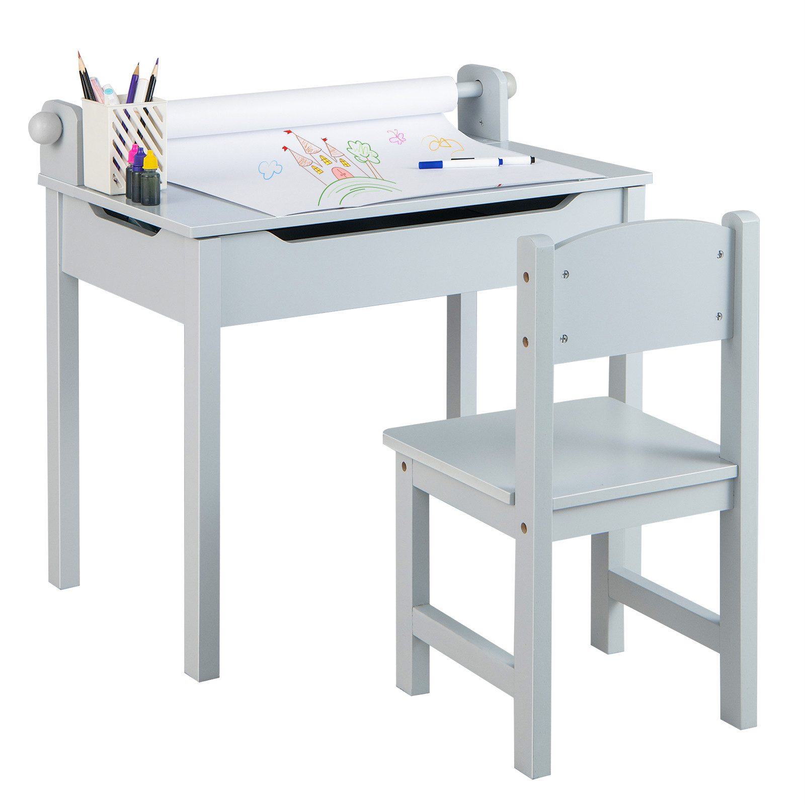 COSTWAY Kinderschreibtisch mit Stuhl Set & Papierrollenhalter, mit Papierro günstig online kaufen