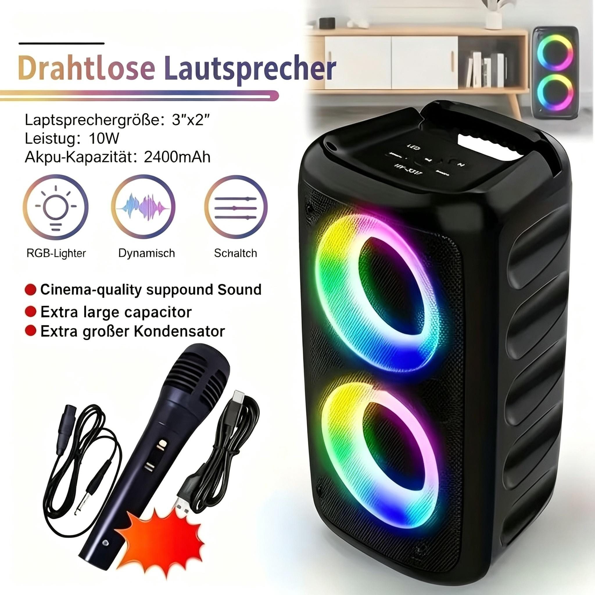AIBISTAR RGB Bluetooth Lautsprecher Party-Lautsprecher 2400mAh, Mikrofon, Bass Bluetooth-Lautsprecher 2-Kanal-System (Bluetooth / AUX / USB / SD-Karte, 40 W, 2400-mAh-Akku,dynamische RGB-Beleuchtung,externer Mikrofonanschluss)