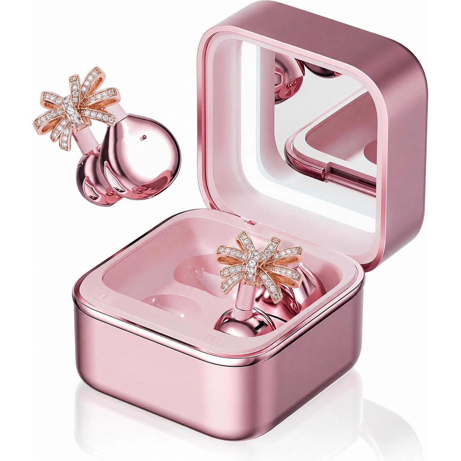 Futicare Kabellose Clip-On Bluetooth Kopfhörer mit Mikrofon,30 Std. Akku, IP56, Open-Ear-Kopfhörer (Bluetooth 6.0 Ohrclip Earbuds mit Spiegel-Ladebox, LED-Licht, abnehmbarem Schmuck, Geschenkidee für Damen)