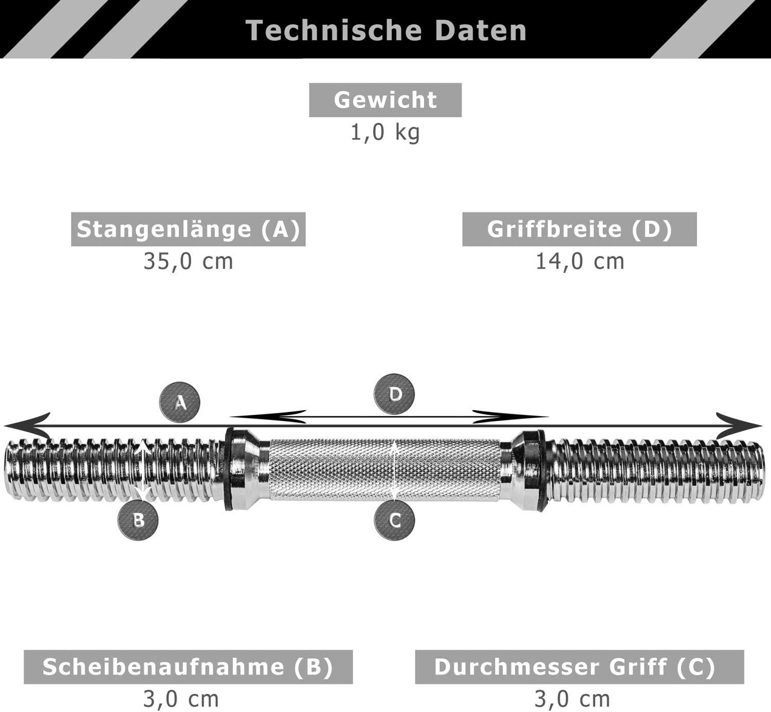 MOVIT Kurzhantelstange Kurzhantel Stange 35 cm mit Verschlüssen, 130 cm (1-tlg)