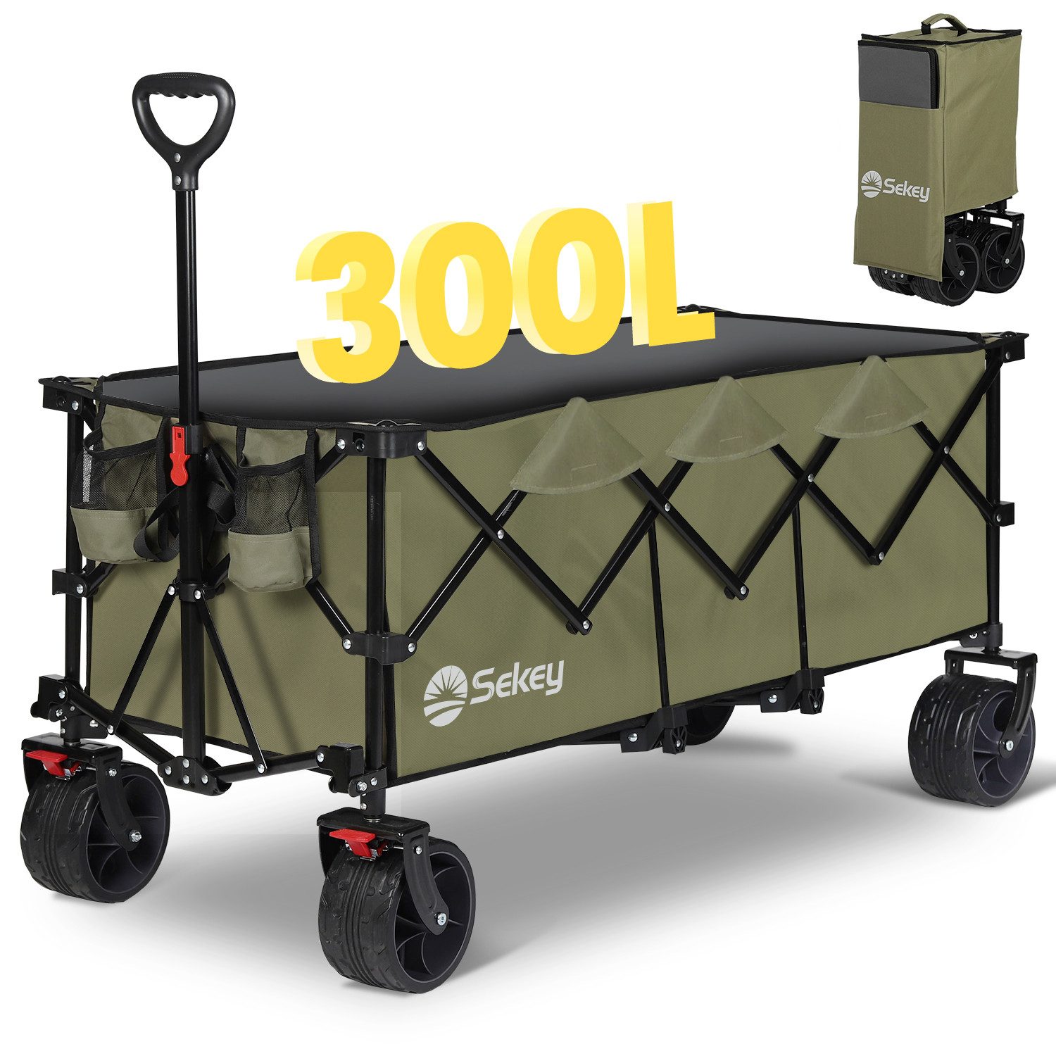 Sekey Bollerwagen Faltbar Handwagen Klappbar Transportwagen XXXL Superlang, 300L, 200KG, Alle-Terrain Reifen, Ultrakompakt Faltbar & mit Bremsen