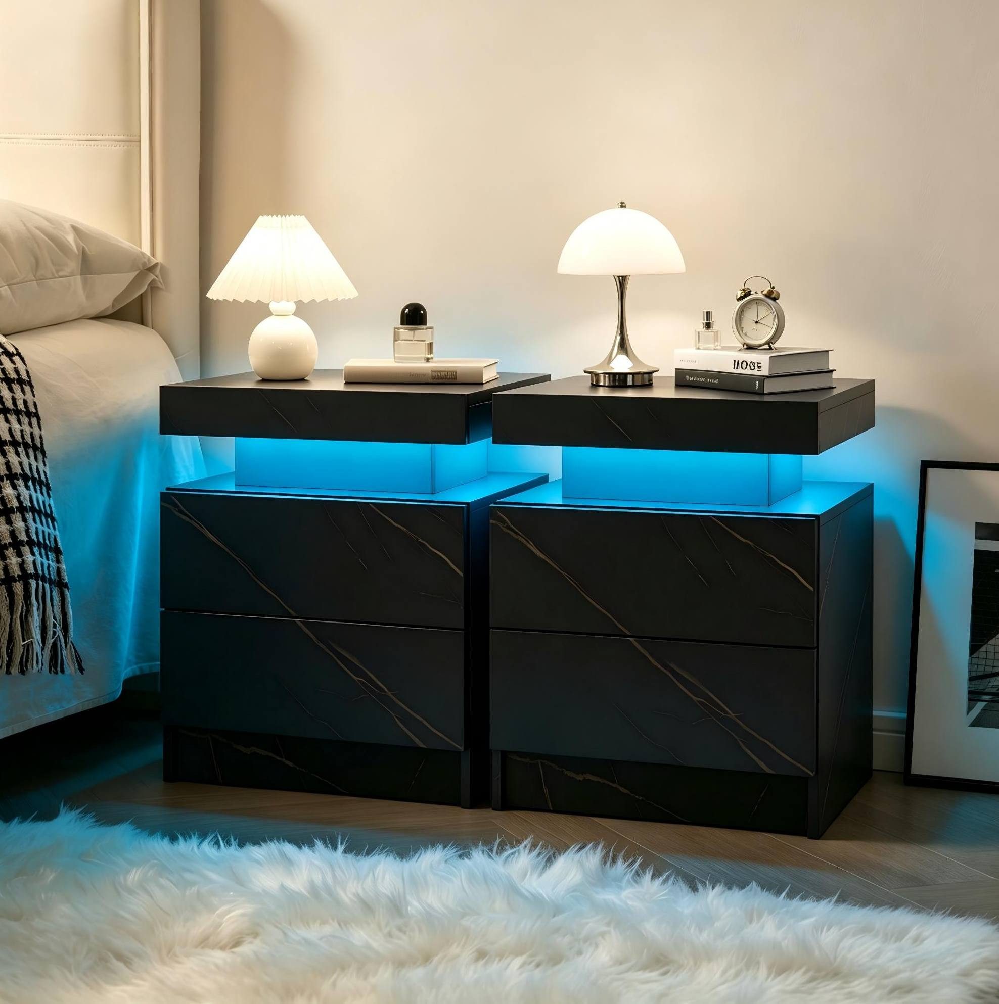 MODFU Nachttisch 2er Set (mit 2 Schubladen, Beleuchtung, Sideboard für Schlafzimmer, 2-St., 49 cm (L) x 35 cm (B) x 52 cm (H)