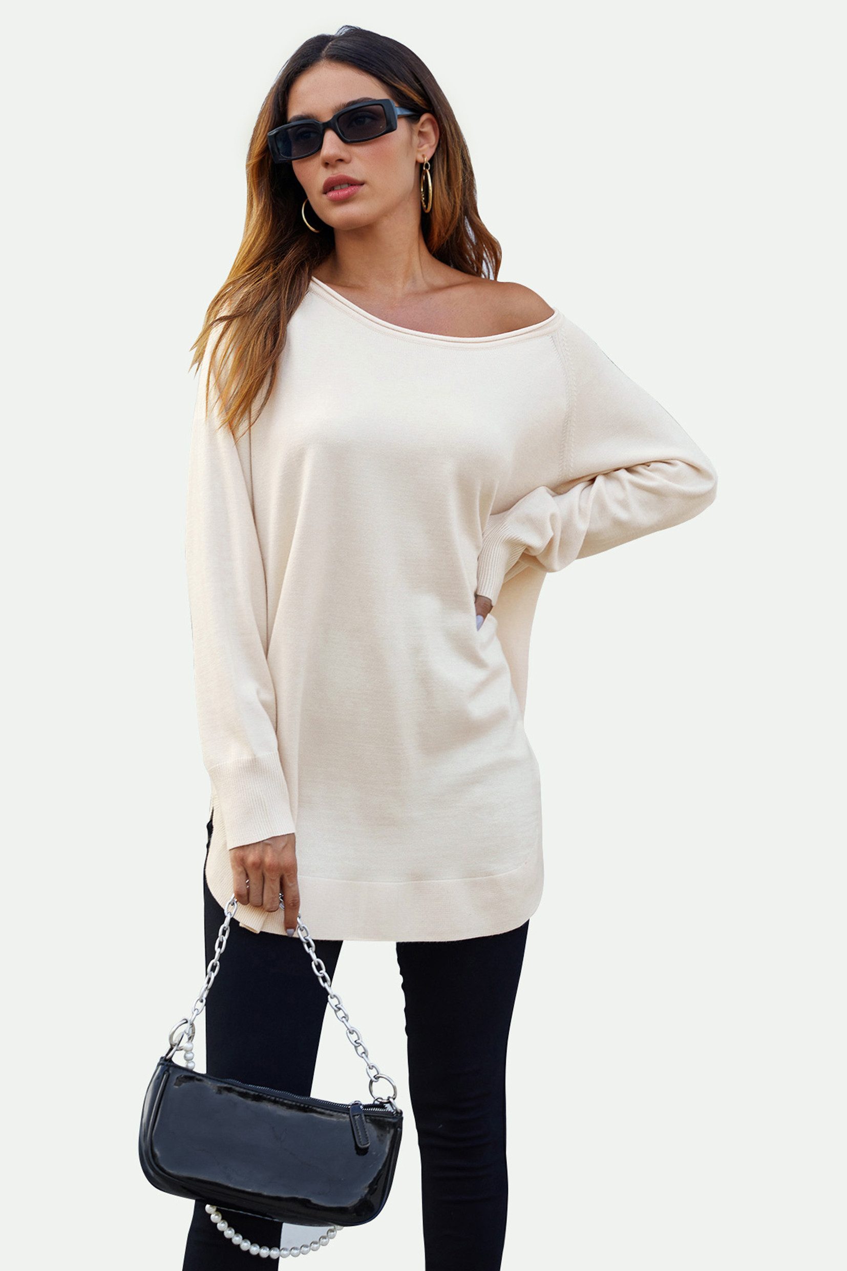 FS Collection Longpullover Damen Longpullover Oversize Strickpullover für Herbst/Winter, Onesize (Einheitsgröße: UK 8–16 / EU 36–44, 4 Farben : Schwarz, Creme,Hellgrau und Dunkelgrün) 50 % Polyacryl, 30 % Polyamid, 20 % Polyester