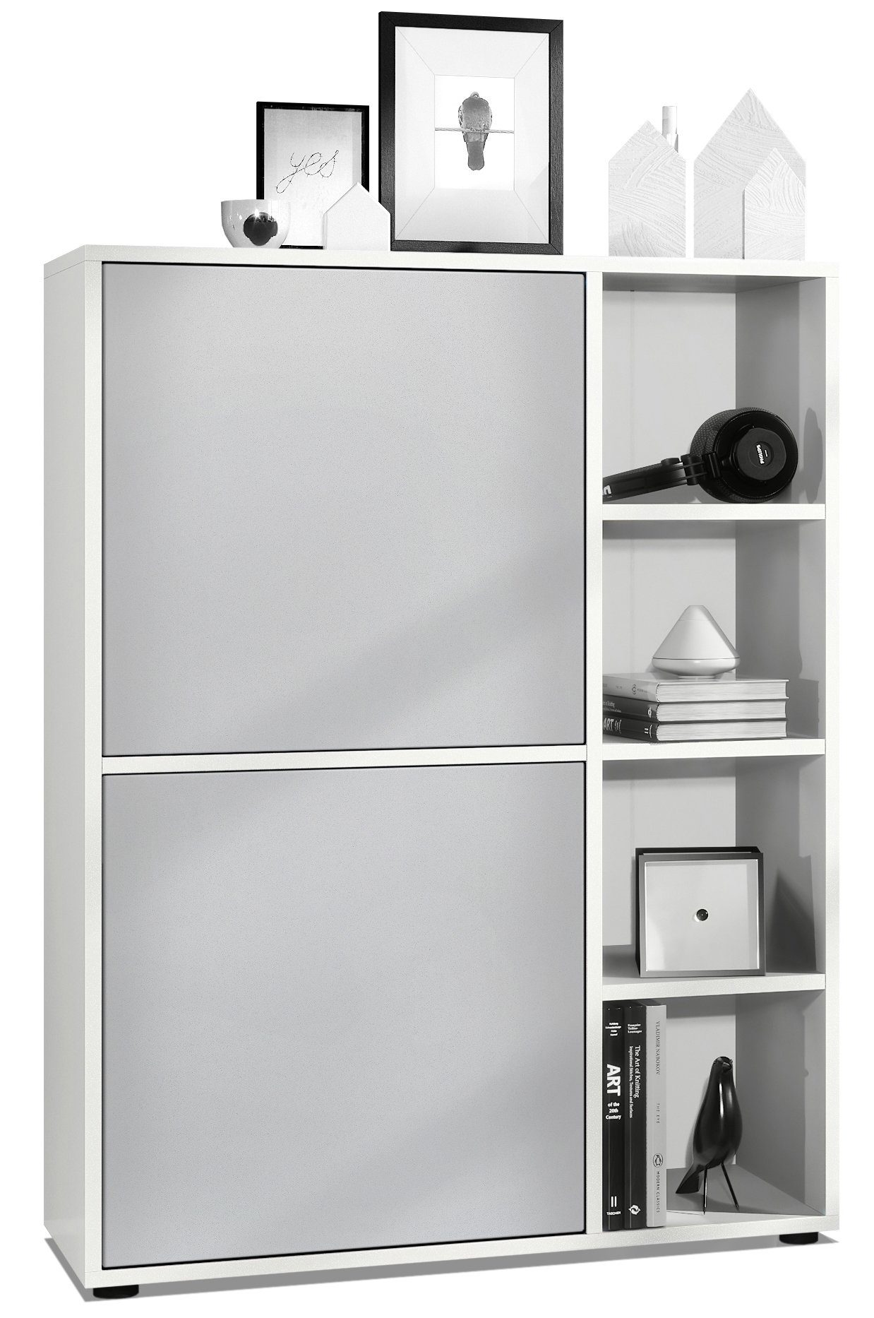 Vladon Highboard Cuba (Anrichte, mit 2 Türen und 4 offene Fächer), Weiß matt/Hellgrau seidenmatt (79 x 105,5 x 35,5 cm)