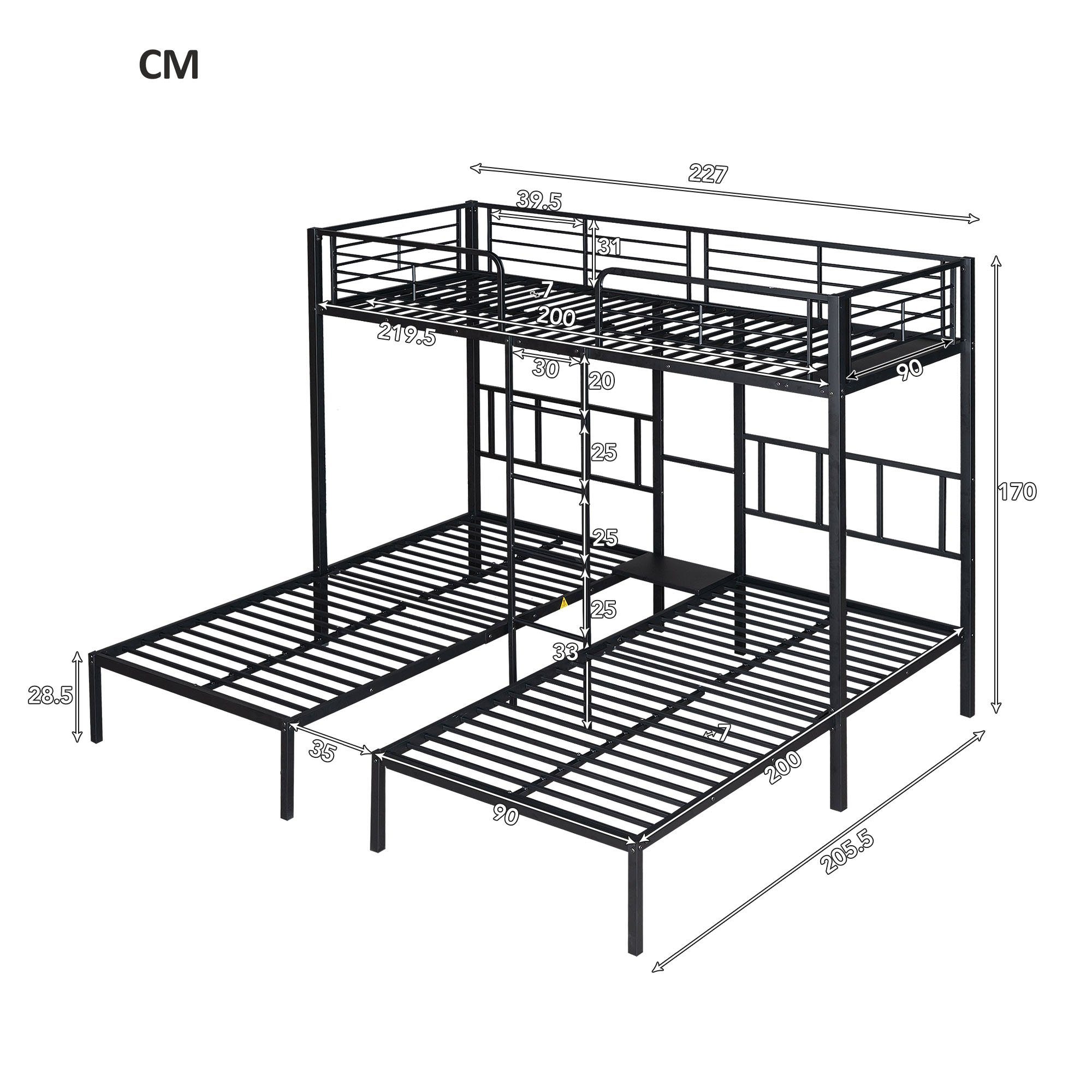 REDOM Kinderbett Eisenbett Dreierbett (mit mit 90x200cm*3, Einzelbett und für Fallschutzgitter und Jugendliche), Gästebett Kinder Schwarz Matratze Etagenbett Tisch, Ohne Leiter