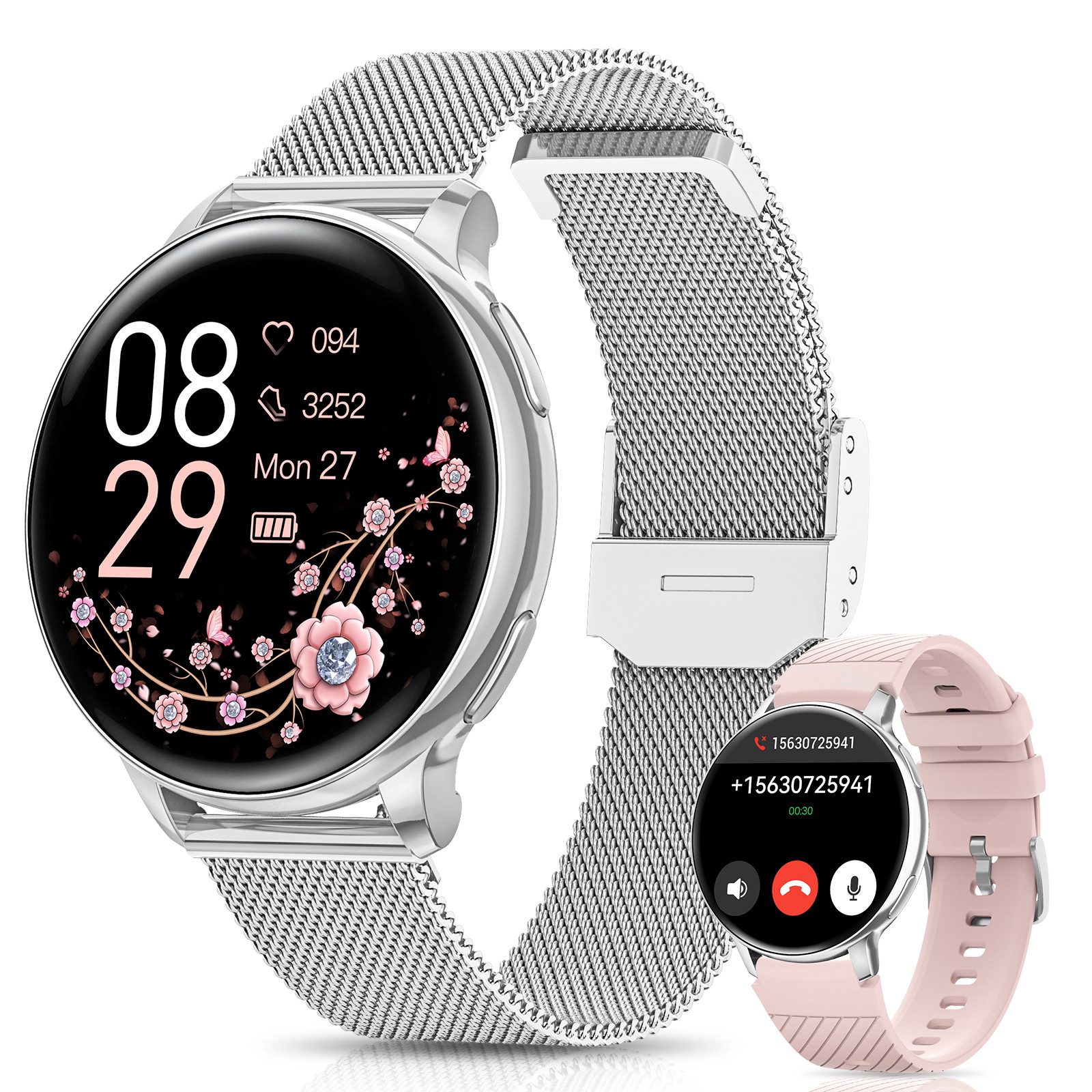 FOSMET 2026 Neue Smartwatch Damen,1.27" AMOLED,Bluetooth-Anruffunktion Smartwatch (3.23 cm) Pulsuhr,Schlafmonitor,SpO2, Watch, Sportuhr, Fitnessuhr Damen, IP68/mit Herzfrequenz/SpO2/Blutdruck/Schlafüberwachungsfunktion