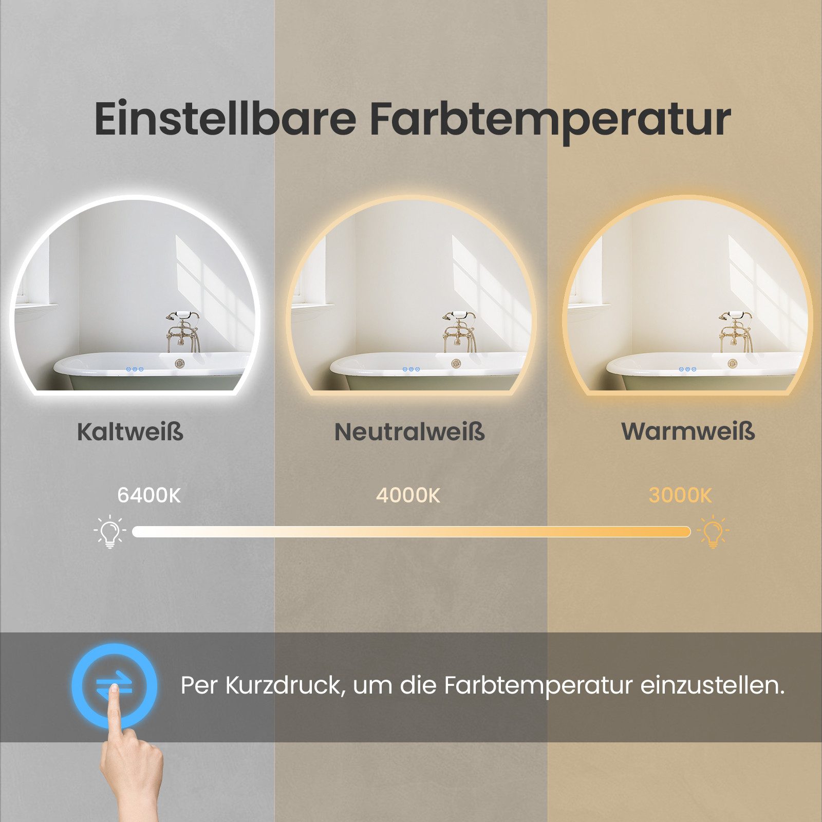 AQUALAVOS Badspiegel LED Badspiegel Halbrund Spiegel Touch/Wandschalter Wandspiegel Deko, Spiegel mit Beleuchtung 100x80 LED Beschlagfrei vertikale/horizontale – Bild 5 von 5