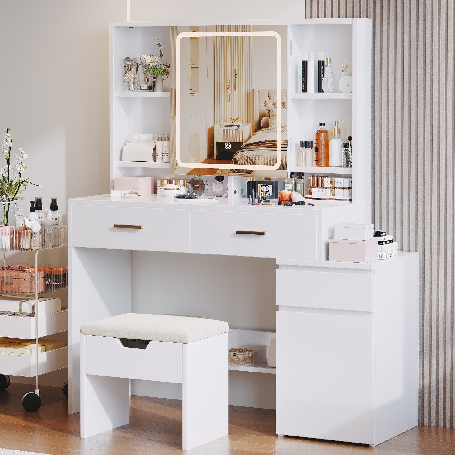 HOMALL Schminktisch Mit Spiegel und dreifarbigem LED-Licht 3 Schubladen 8 A günstig online kaufen