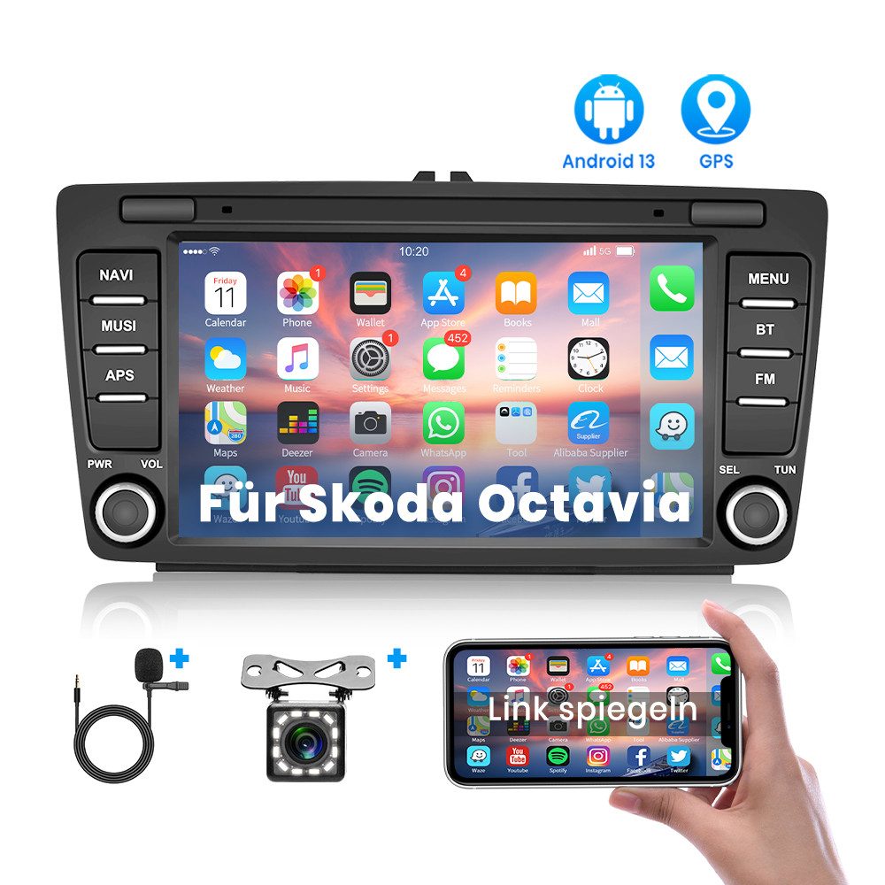 Hikity 2Din 8'' Android 13.0 Auto-Spieler für Skoda Octavia Autoradio (GPS, WIFI, Bluetooth, Mirro link)