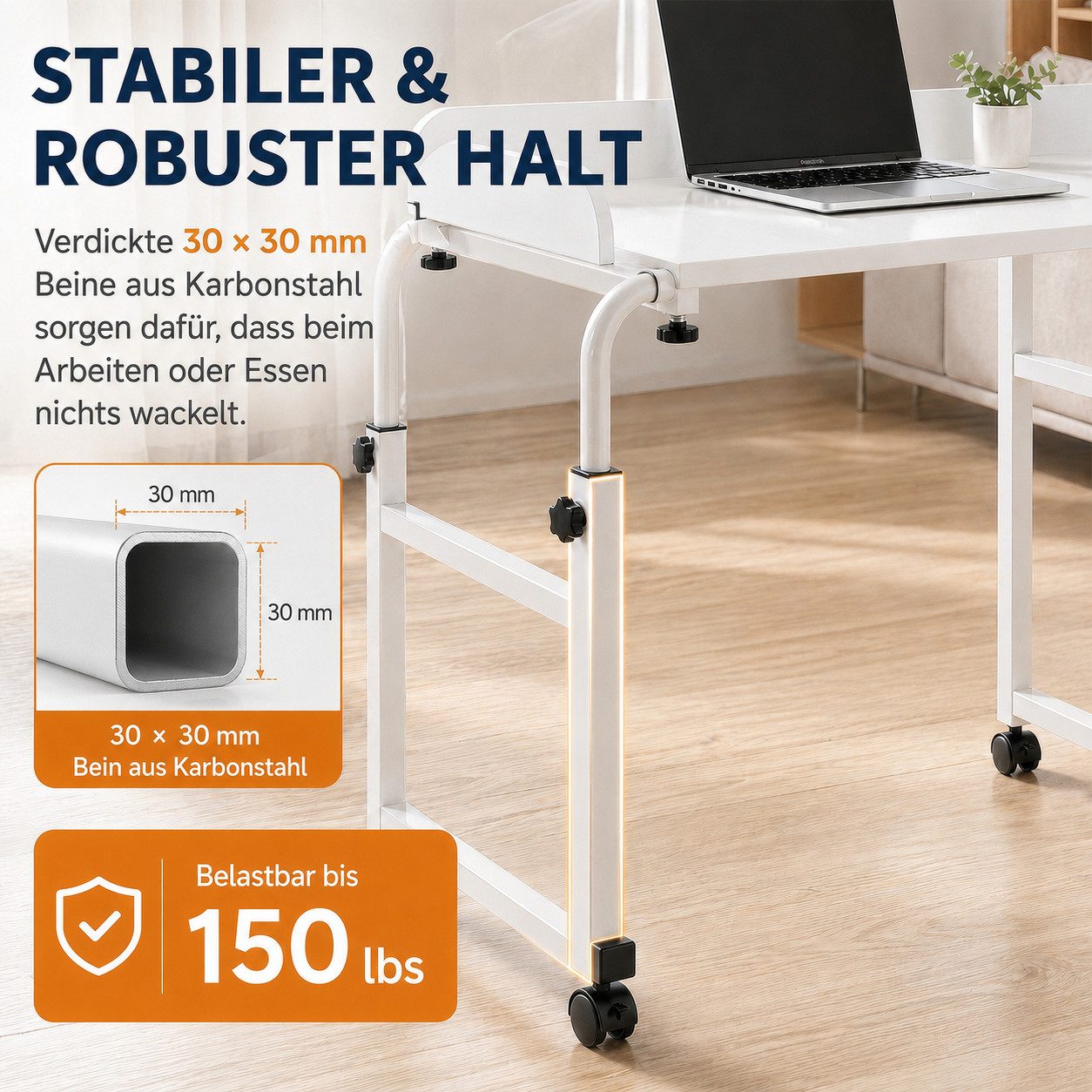 BlingBin Wangentisch Schreibtisch, Ausziehbarer Roll-Mobilität Tisch, Betttisch mit Rollen (1er Set, 1-St., Breite 120-140 cm & Höhe 65-95 cm), Überbettschreibtisch, Computertisch, Steharbeitsplatz, Essenstablett