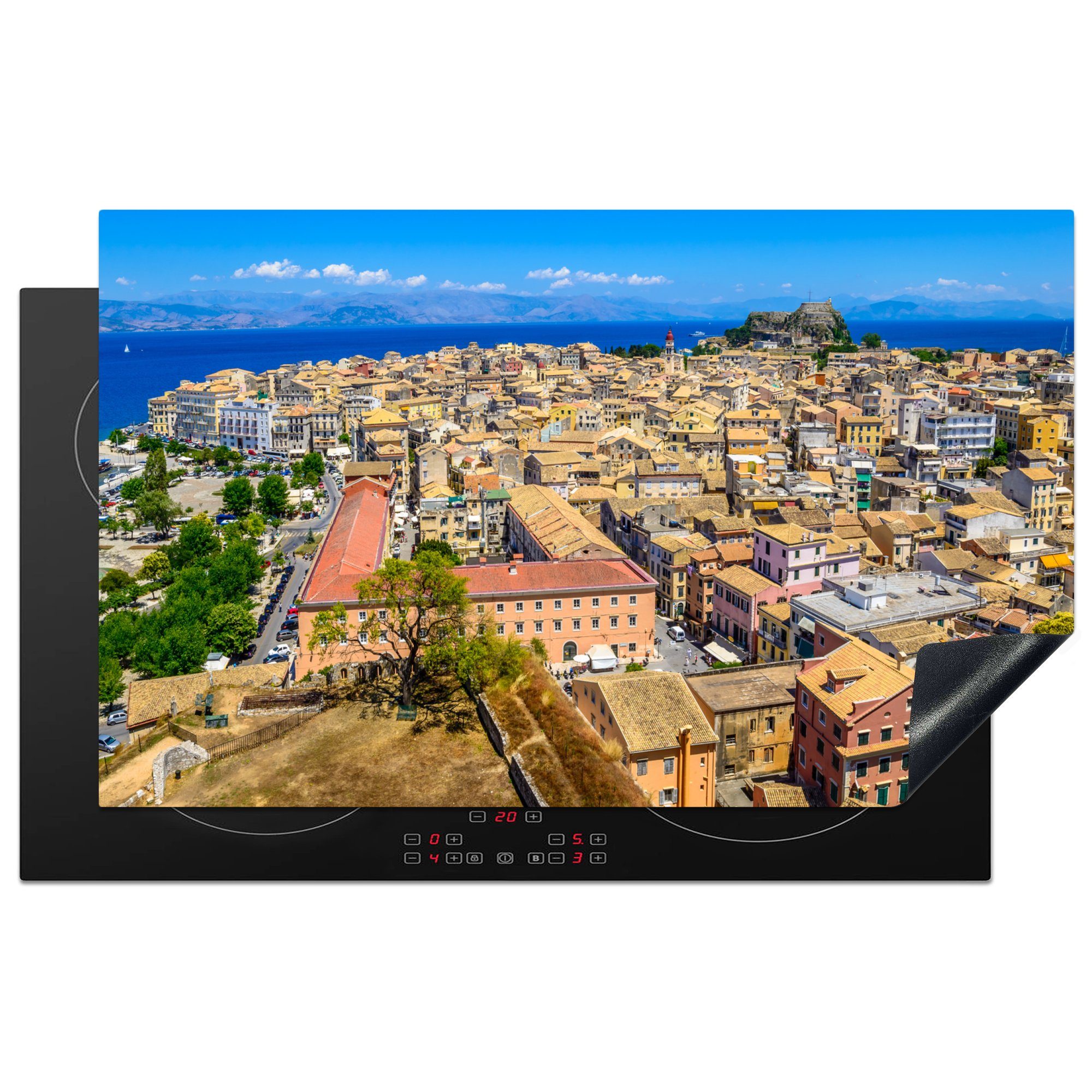 MuchoWow Herdblende-/Abdeckplatte Luftaufnahme der Altstadt von Korfu, Griechenland, Vinyl, (1 tlg), 83x51 cm, Ceranfeldabdeckung, Arbeitsplatte für küche