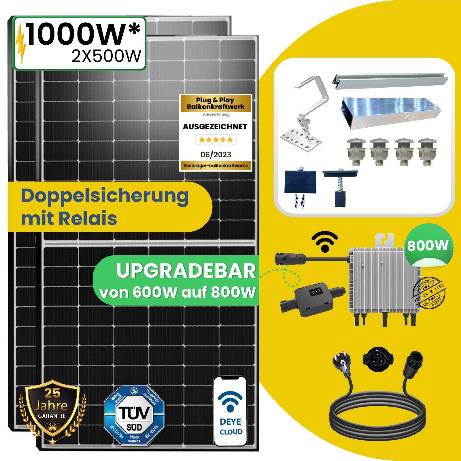 Balkonkraftwerk Neu Generation Ziegeldach, 1000W PV-Montage 800W WIFI mit Komplettset Wechselrichter Stegpearl Solaranlage Relais Deye