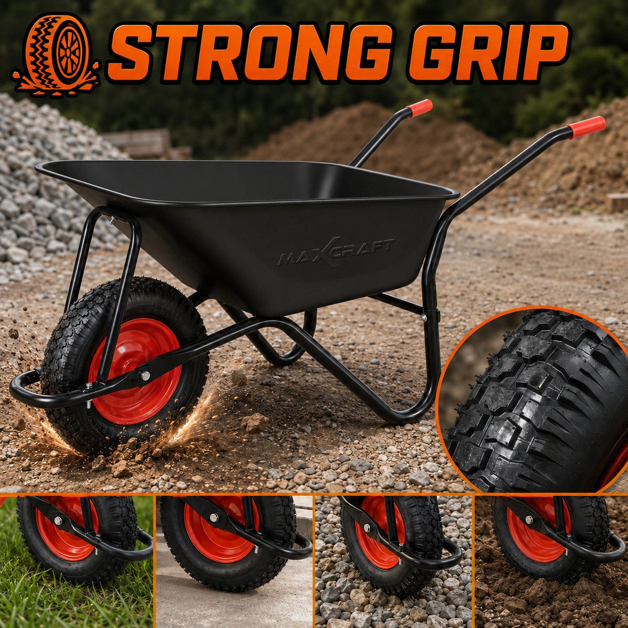 MAXCRAFT Schubkarre Bauschubkarre 250 kg 100 L Gartenkarre Luftbereifung Schwarz / Rot – Bild 5 von 5
