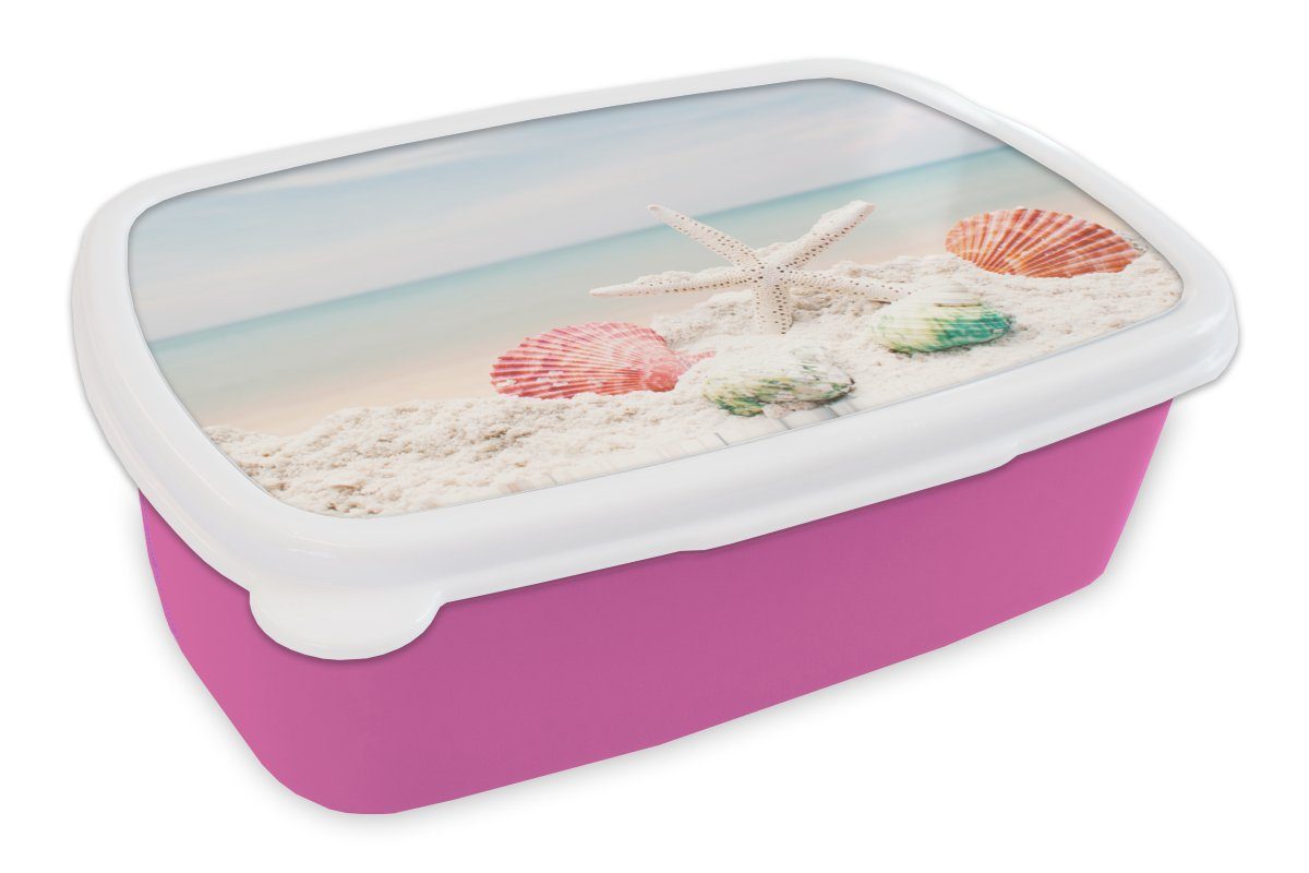 MuchoWow Lunchbox Seesterne - Muscheln - Meer, Kunststoff, (2-tlg), Brotbox für Erwachsene, Brotdose Kinder, Snackbox, Mädchen, Kunststoff rosa